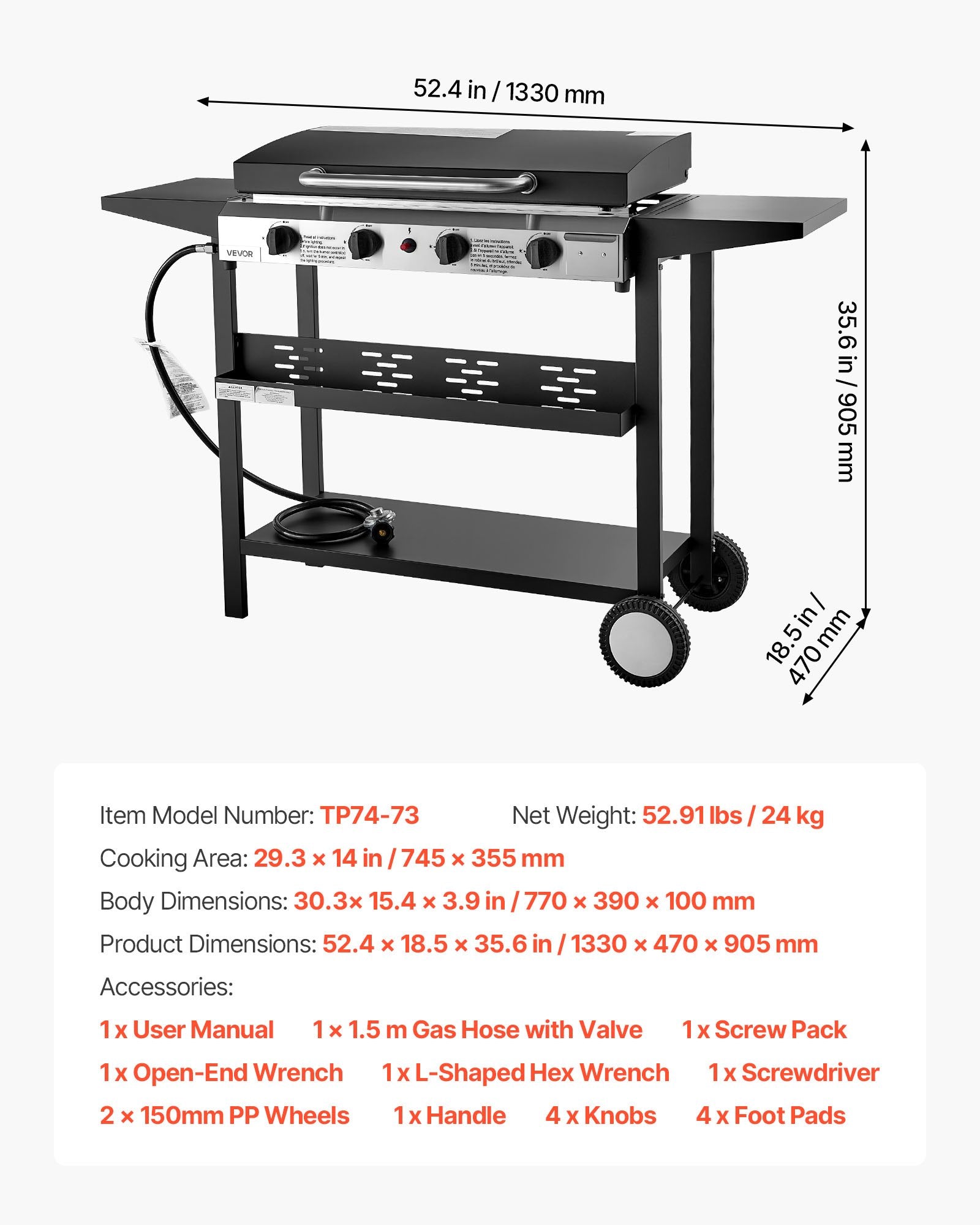 VEVOR 4 Burner Propane Gas Griddle, 29 Inch Outdoor Flat Top Grill with Lid & Wheels, 28,000 BTU BBQ Griddle Cart for Camping, Backyard Cooking & Outdoor Grilling