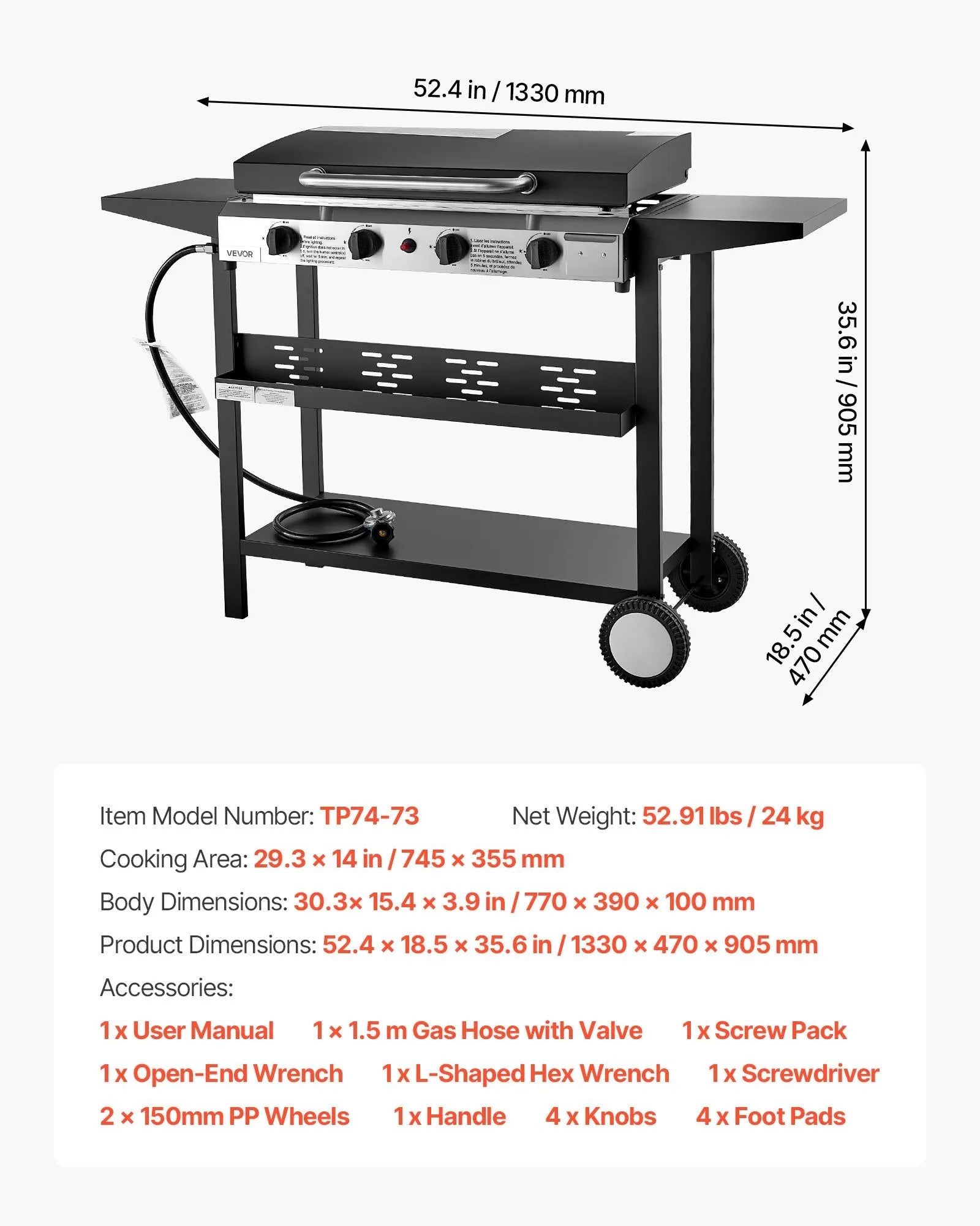 VEVOR Gas Griddle, 4-Burner Flat Top Grill, 29 inch Grill Plate Propane Griddle with Wheels, Lid, 28000 BTU Outdoor Flat Top Grills for Pan-Frying, Grilling, Stir-Frying, & BBQ, Pulse Ignition 