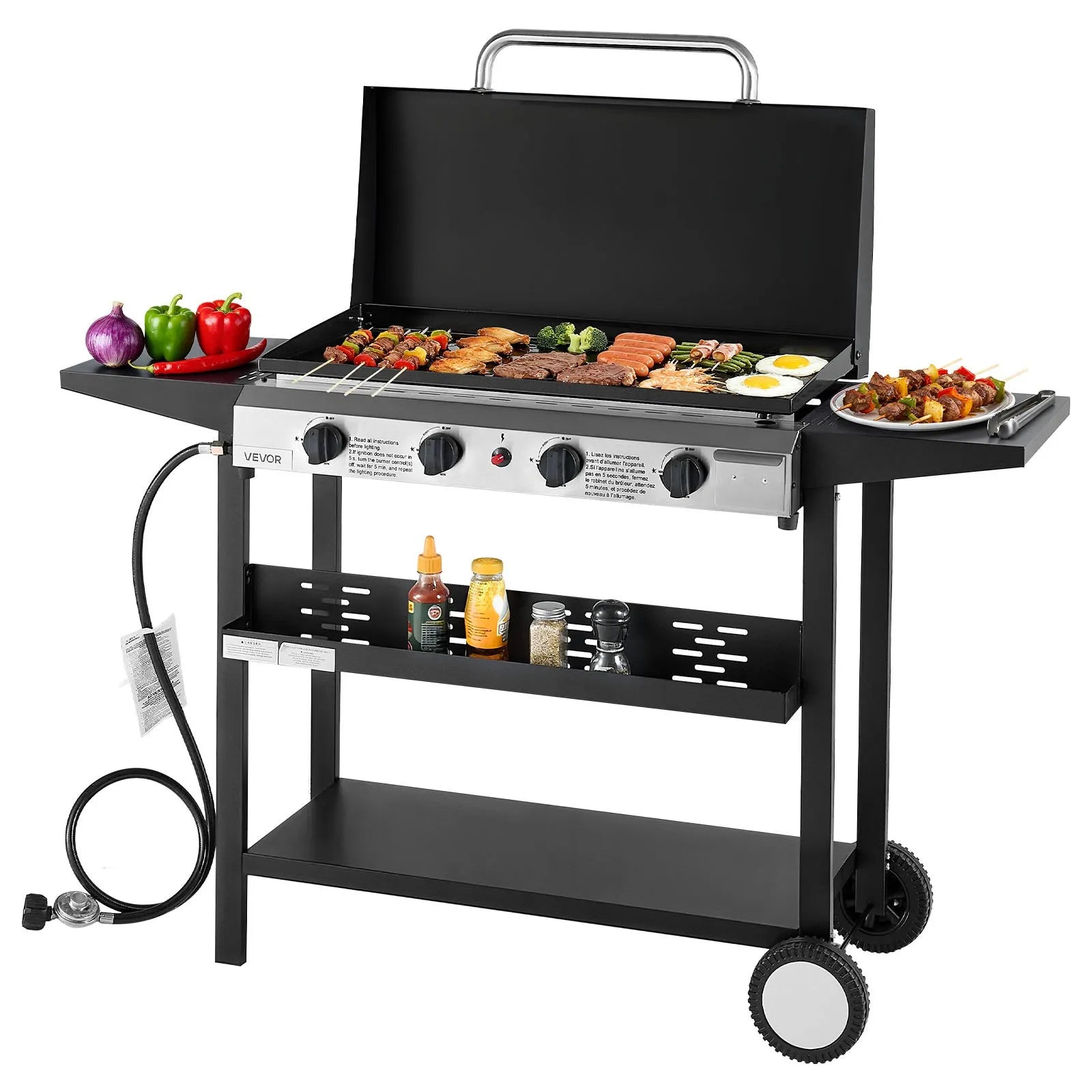 VEVOR Gas Griddle, 4-Burner Flat Top Grill, 29 inch Grill Plate Propane Griddle with Wheels, Lid, 28000 BTU Outdoor Flat Top Grills for Pan-Frying, Grilling, Stir-Frying, & BBQ, Pulse Ignition 