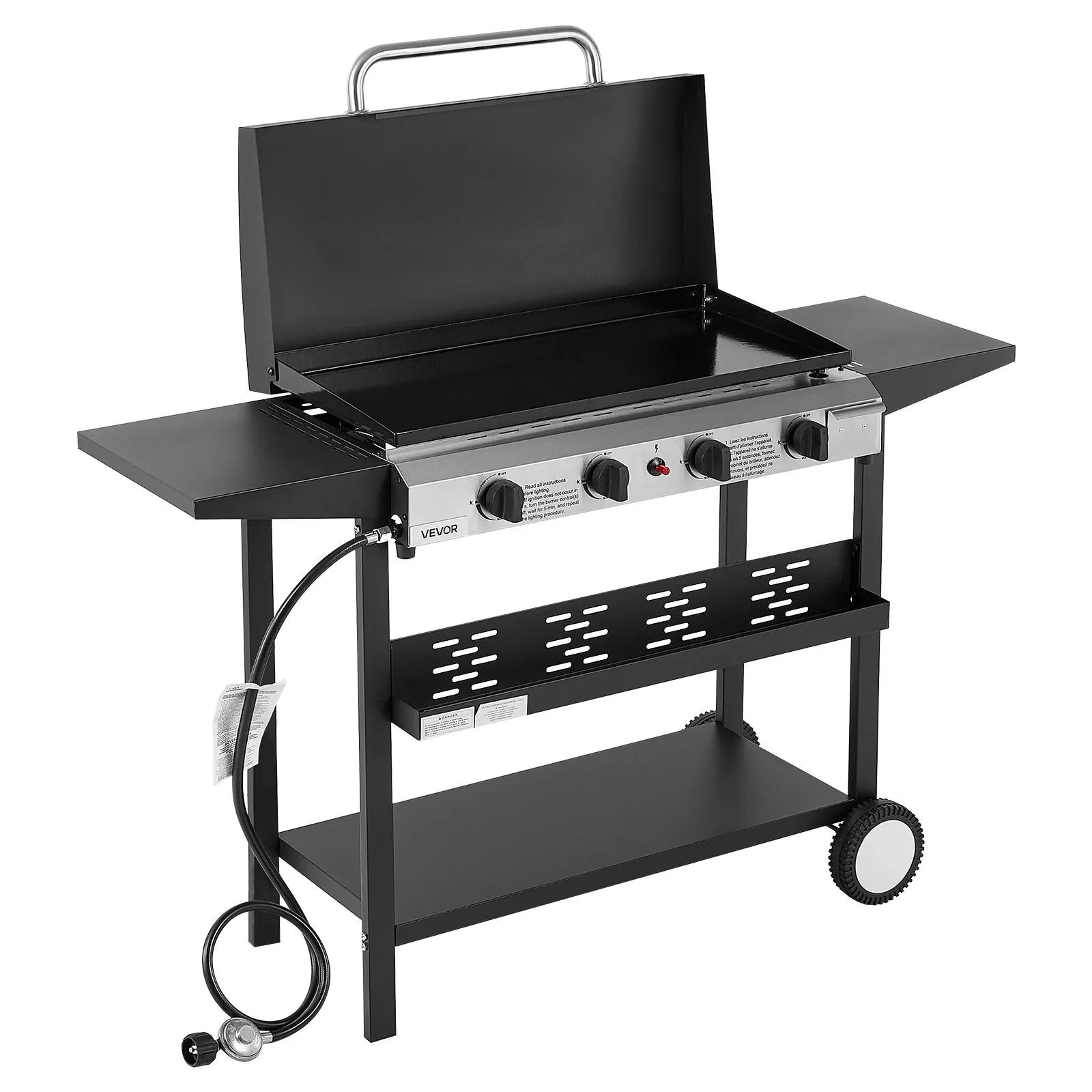 VEVOR Gas Griddle, 4-Burner Flat Top Grill, 29 inch Grill Plate Propane Griddle with Wheels, Lid, 28000 BTU Outdoor Flat Top Grills for Pan-Frying, Grilling, Stir-Frying, & BBQ, Pulse Ignition 