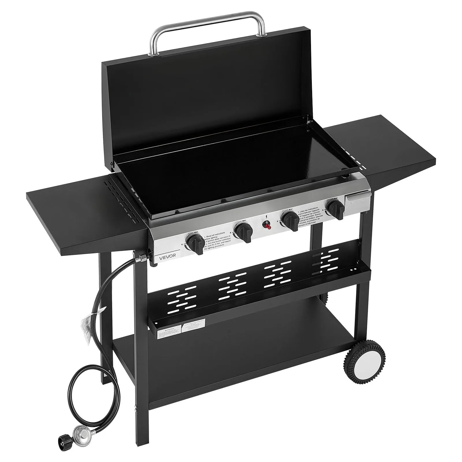 VEVOR Gas Griddle, 4-Burner Flat Top Grill, 29 inch Grill Plate Propane Griddle with Wheels, Lid, 28000 BTU Outdoor Flat Top Grills for Pan-Frying, Grilling, Stir-Frying, & BBQ, Pulse Ignition 