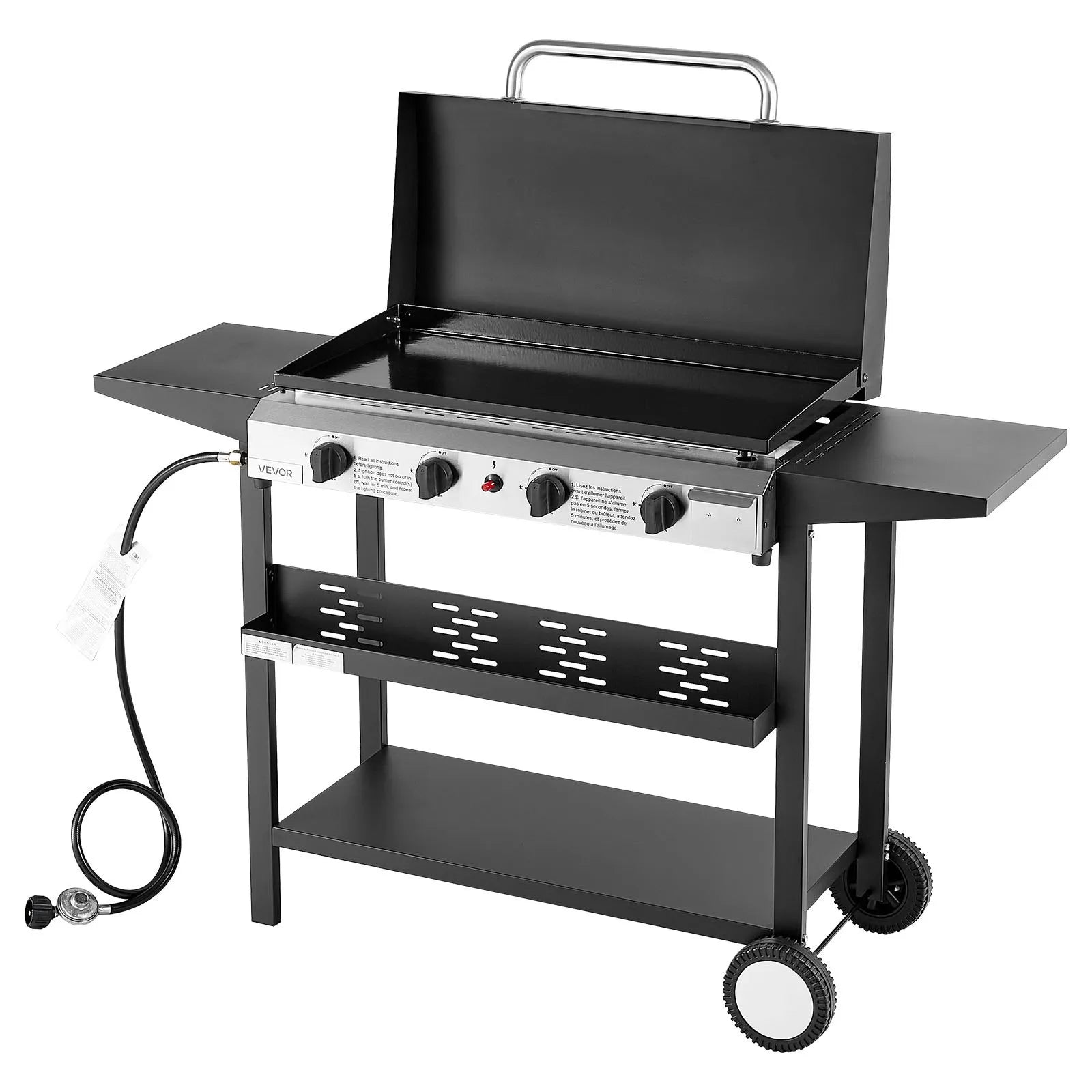 VEVOR Gas Griddle, 4-Burner Flat Top Grill, 29 inch Grill Plate Propane Griddle with Wheels, Lid, 28000 BTU Outdoor Flat Top Grills for Pan-Frying, Grilling, Stir-Frying, & BBQ, Pulse Ignition 