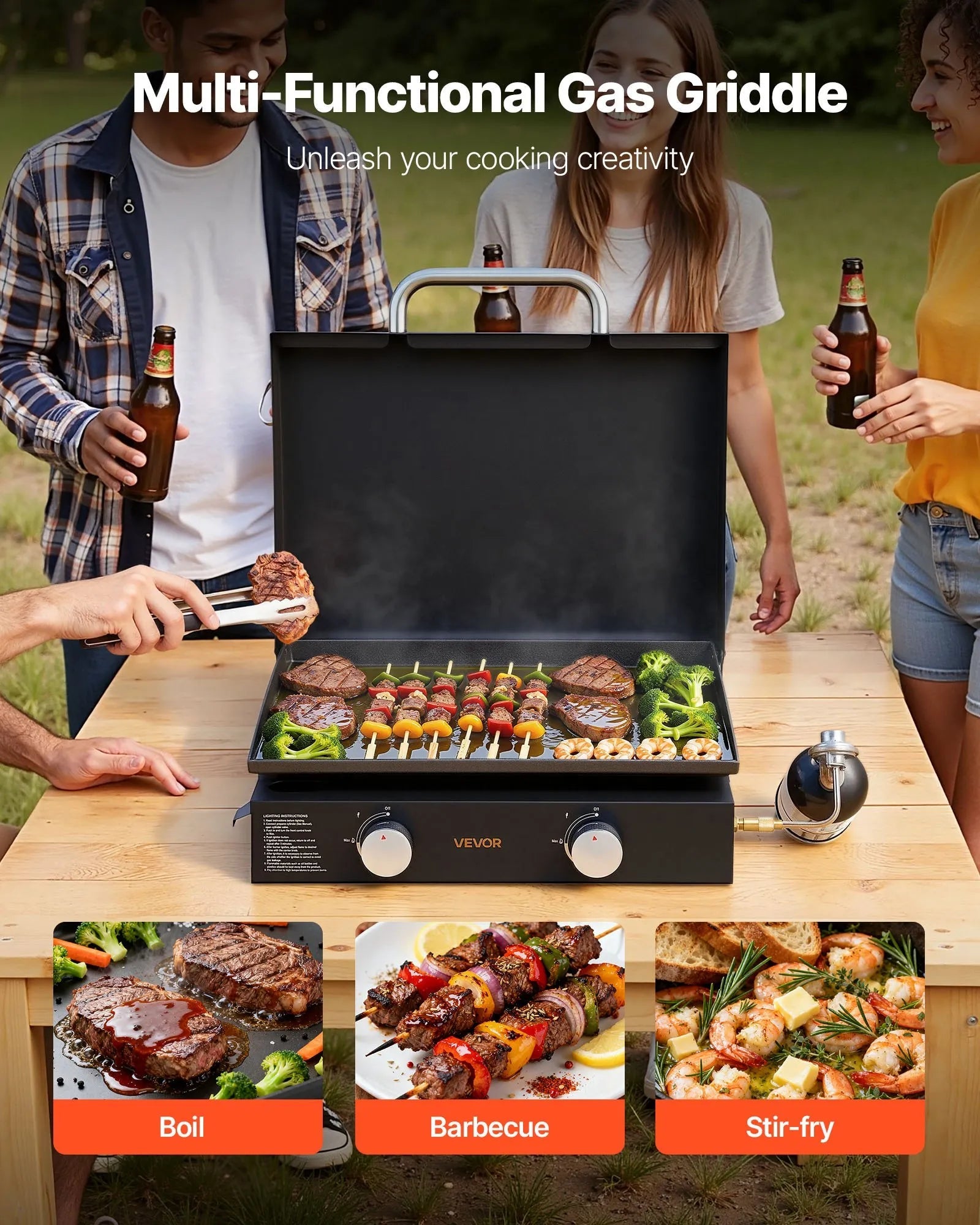 VEVOR Gas Griddle, 2 Burner Tabletop Griddle, 22 inch Portable Griddles Propane with Lid, Oil Drain Hole & Oil Collection Tray, 2 x 11000BTU Camping Flat Top Grill for Outdoor Cooking, Tailgating 