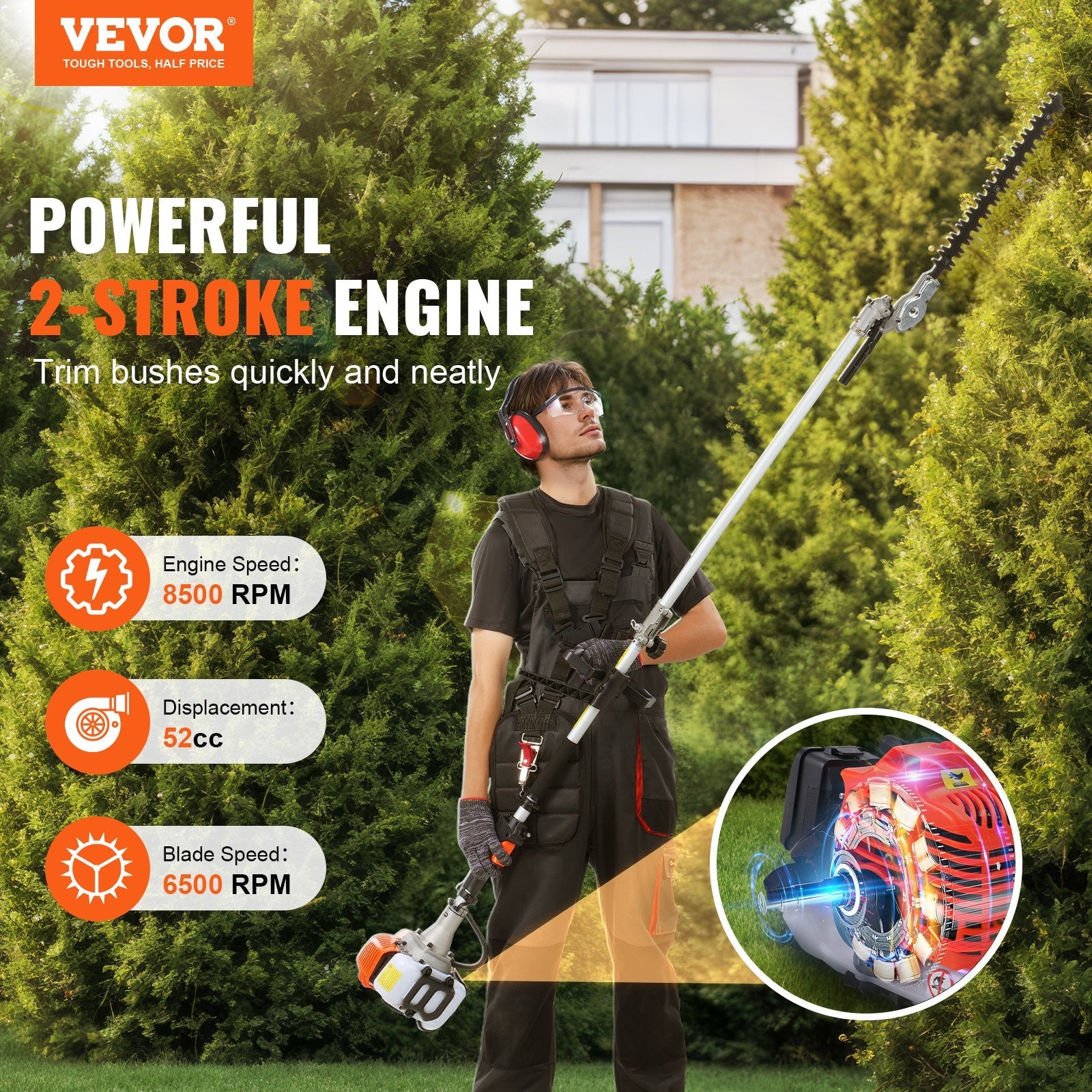 VEVOR 52CC 6-in-1 Multi-Functional Trimming Tools, Gas Hedge Trimmer, Weed Eater, String Trimmer, Brush Cutter, Edger, Pole Saw Chainsaw Pruner with Extension Pole 