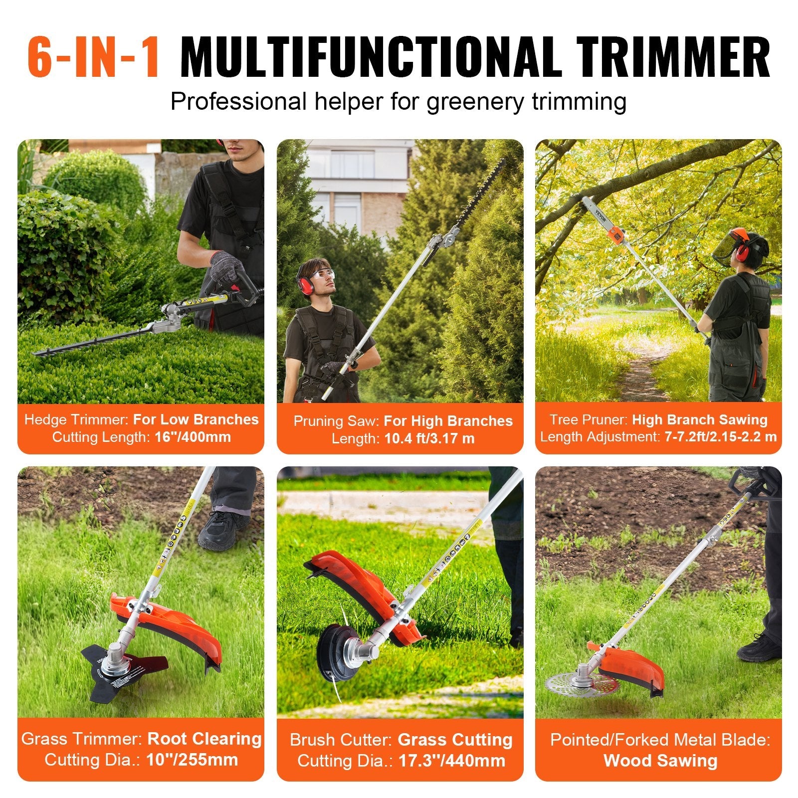 VEVOR 52CC 6-in-1 Multi-Functional Trimming Tools, Gas Hedge Trimmer, Weed Eater, String Trimmer, Brush Cutter, Edger, Pole Saw Chainsaw Pruner with Extension Pole 