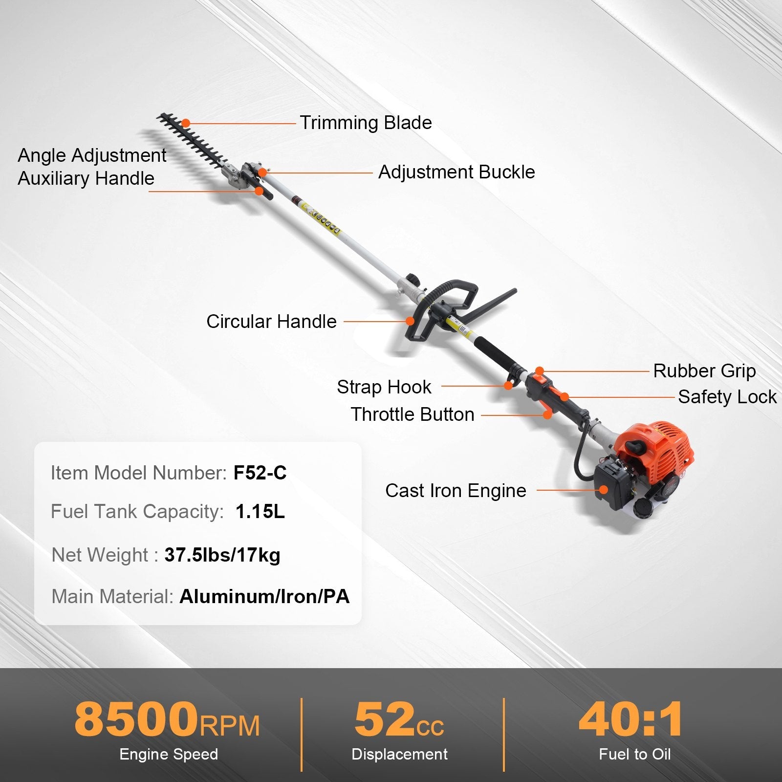 VEVOR 52CC 6-in-1 Multi-Functional Trimming Tools, Gas Hedge Trimmer, Weed Eater, String Trimmer, Brush Cutter, Edger, Pole Saw Chainsaw Pruner with Extension Pole 