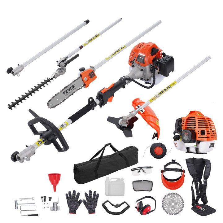 VEVOR 52CC 6-in-1 Multi-Functional Trimming Tools, Gas Hedge Trimmer, Weed Eater, String Trimmer, Brush Cutter, Edger, Pole Saw Chainsaw Pruner with Extension Pole 
