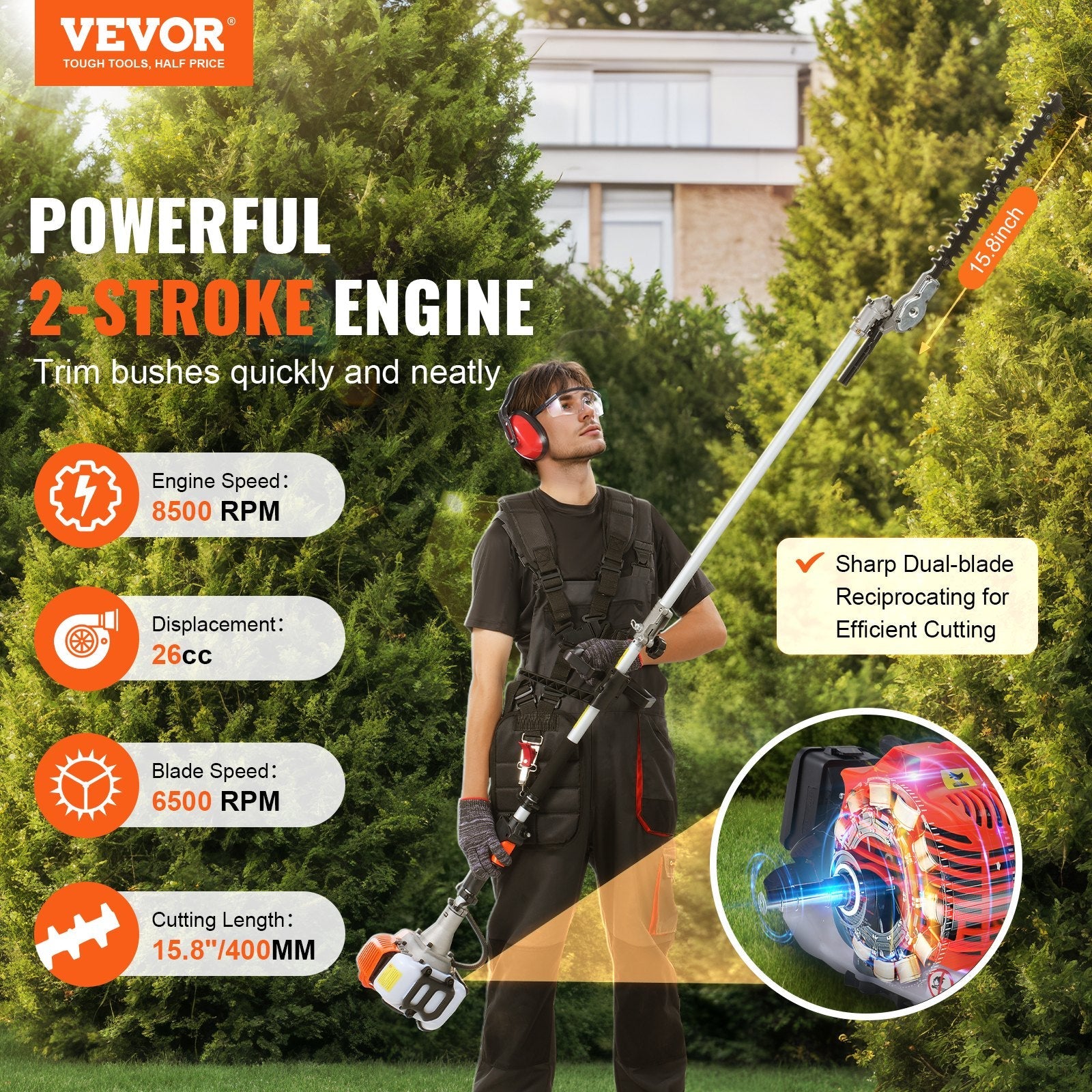 VEVOR 15.7-inch 26CC 2 Cycle Gas Hedge Trimmer, Gas Powered Pole Hedge Trimmer with Dual Sided Dual Action Blade, 270° Adjustable Trimmer Head, Suitable for Trimming Shrubs, Bushes 
