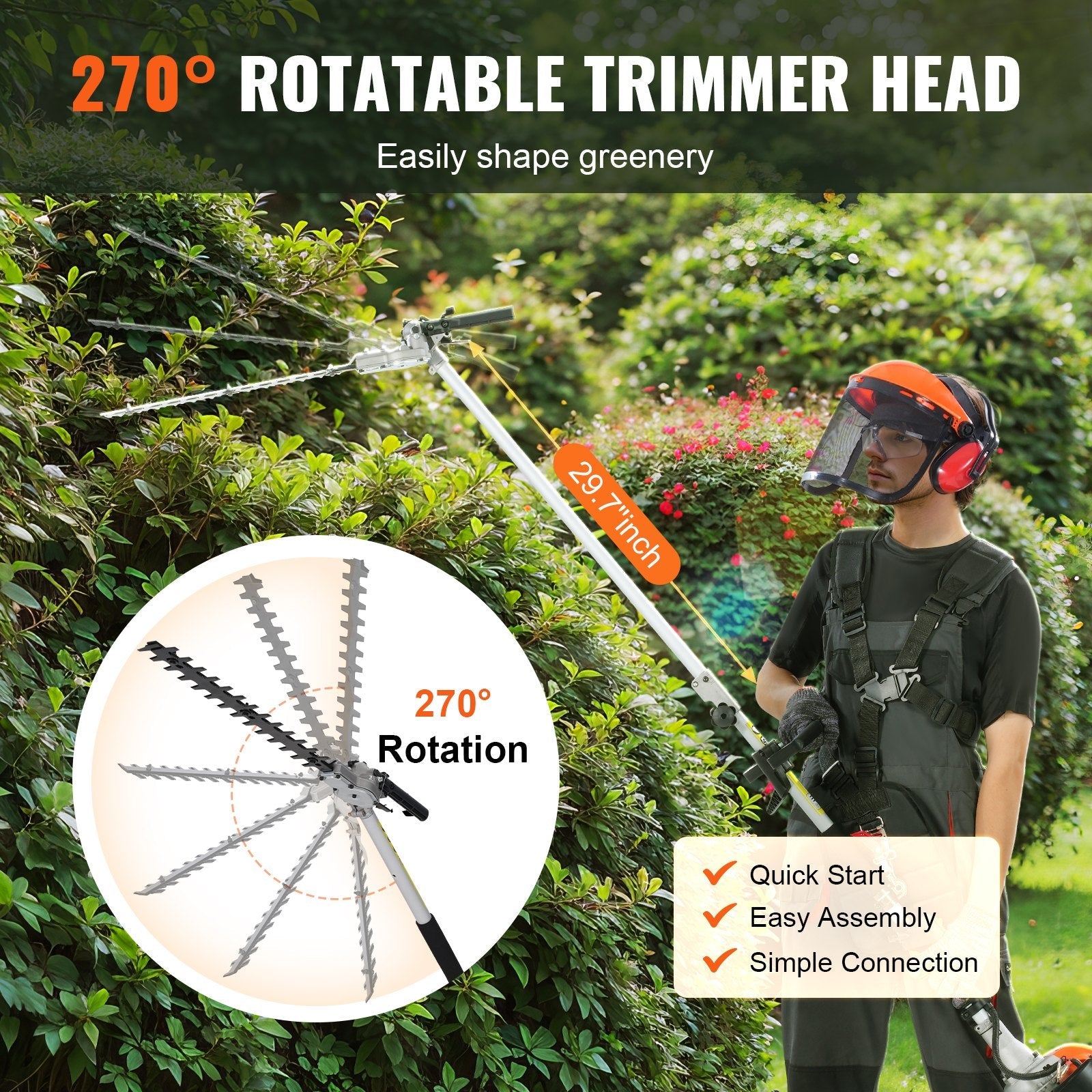 VEVOR 15.7-inch 26CC 2 Cycle Gas Hedge Trimmer, Gas Powered Pole Hedge Trimmer with Dual Sided Dual Action Blade, 270° Adjustable Trimmer Head, Suitable for Trimming Shrubs, Bushes 