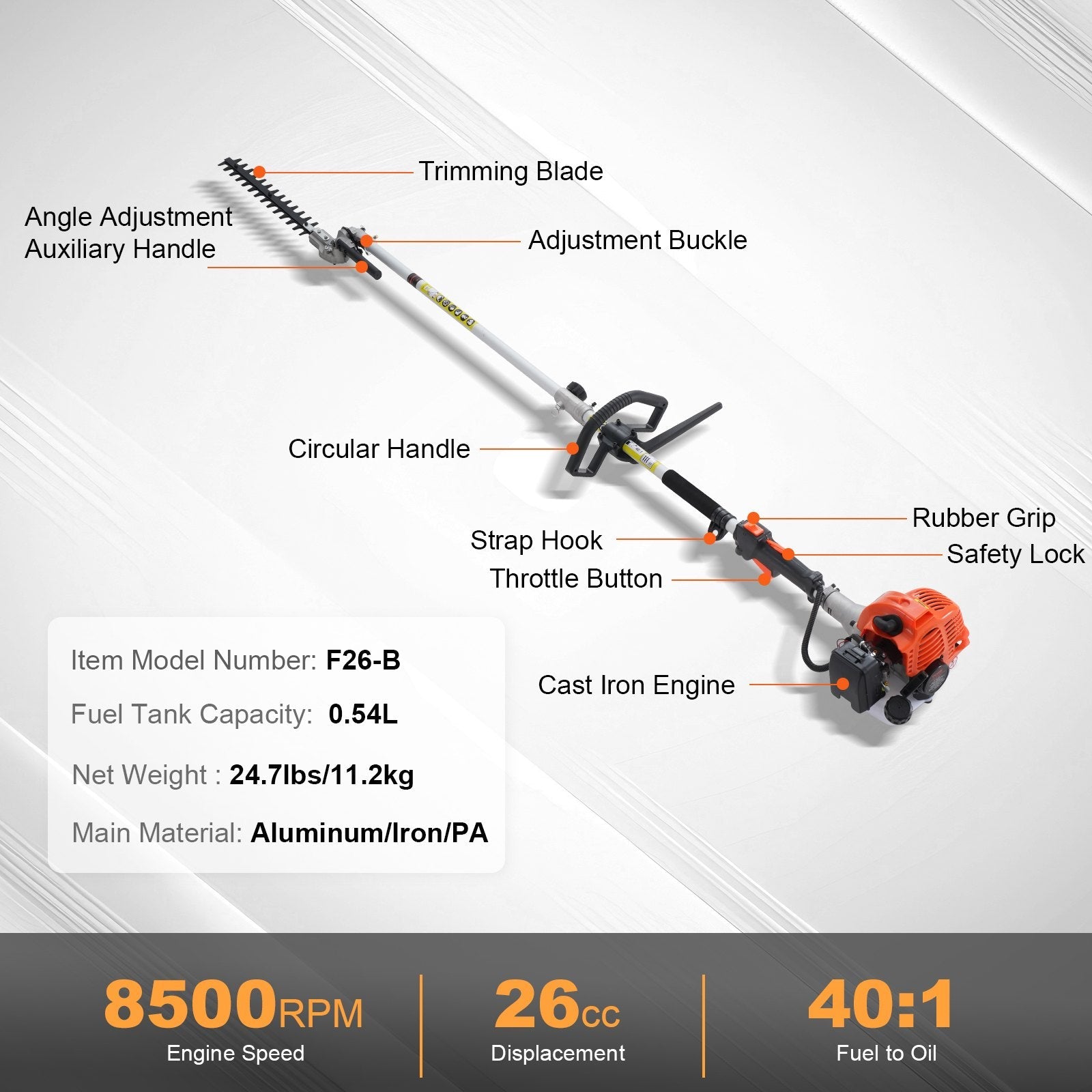 VEVOR 15.7-inch 26CC 2 Cycle Gas Hedge Trimmer, Gas Powered Pole Hedge Trimmer with Dual Sided Dual Action Blade, 270° Adjustable Trimmer Head, Suitable for Trimming Shrubs, Bushes 