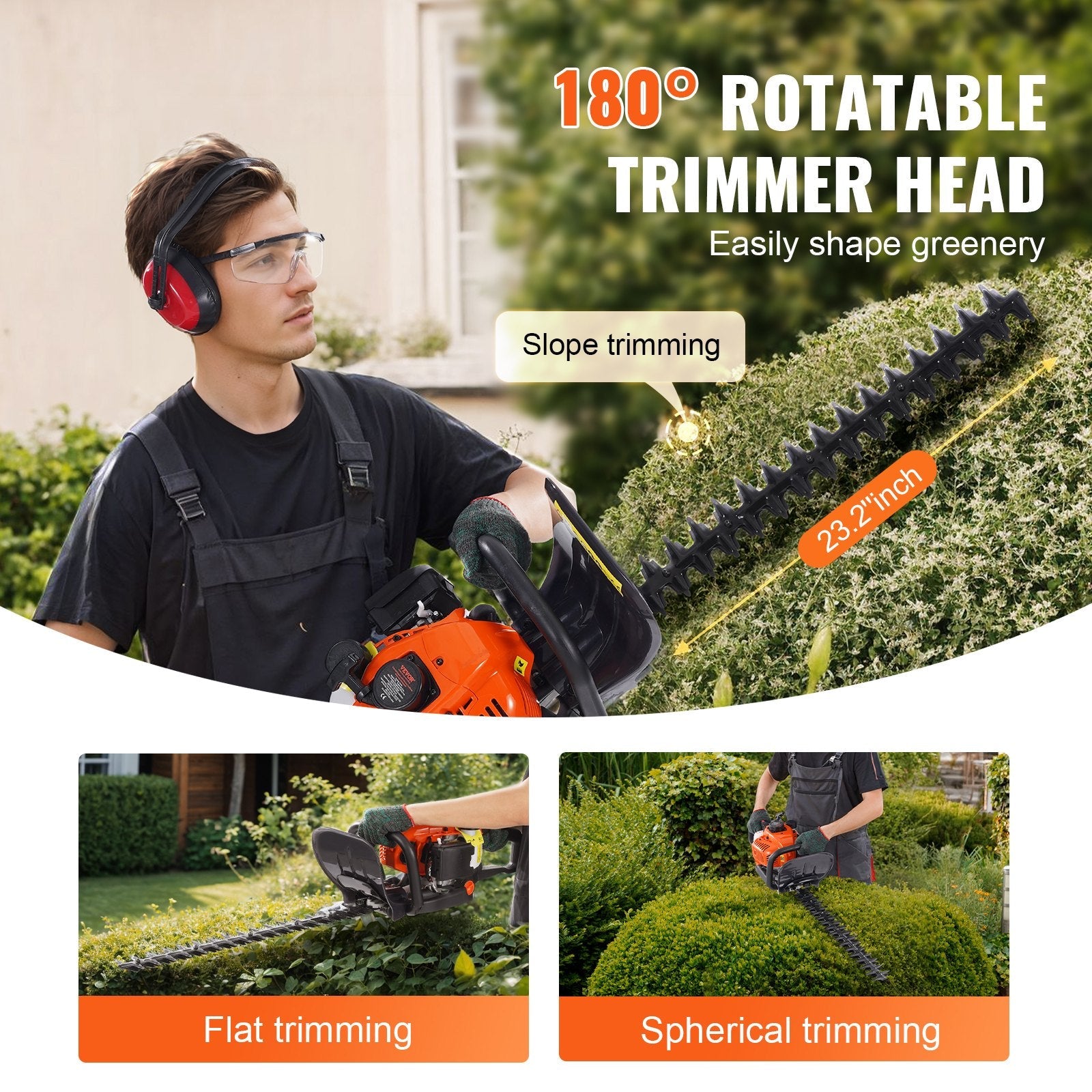 VEVOR 23.2-inch 26CC 2 Cycle Gas Hedge Trimmer, Gas Powered Handheld Hedge Trimmer with Dual Sided Dual Action Blade, 180° Adjustable Trimmer Head, Suitable for Trimming Shrubs, Low Bushes 