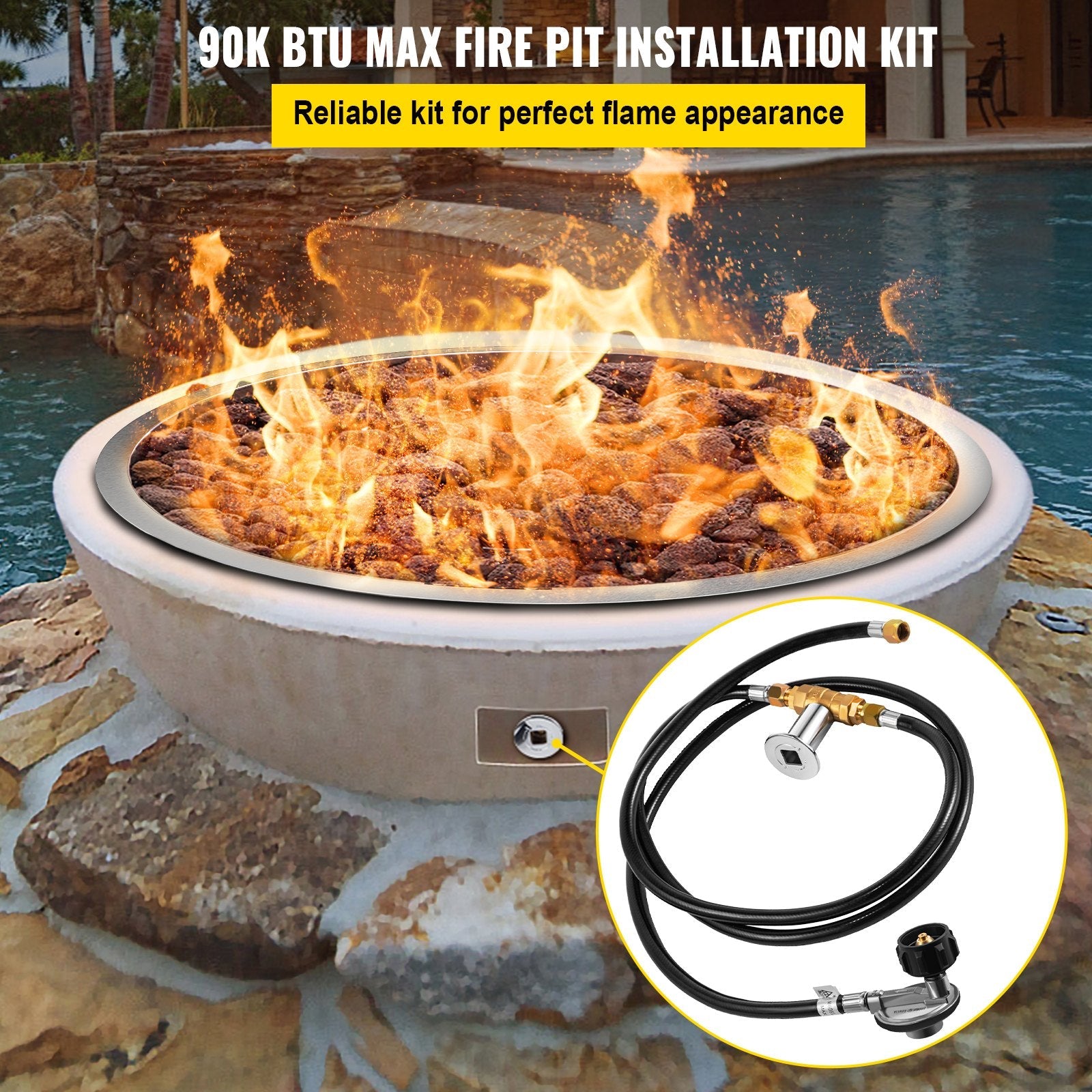 VEVOR Fire Pit Installation Kit, 90K BTU Max Propane Fire Pit Hose Kit, Certified Propane Connection Kit, Gas Mixer Regulator with 1/2" Chrome Key Valve for Propane Connection 