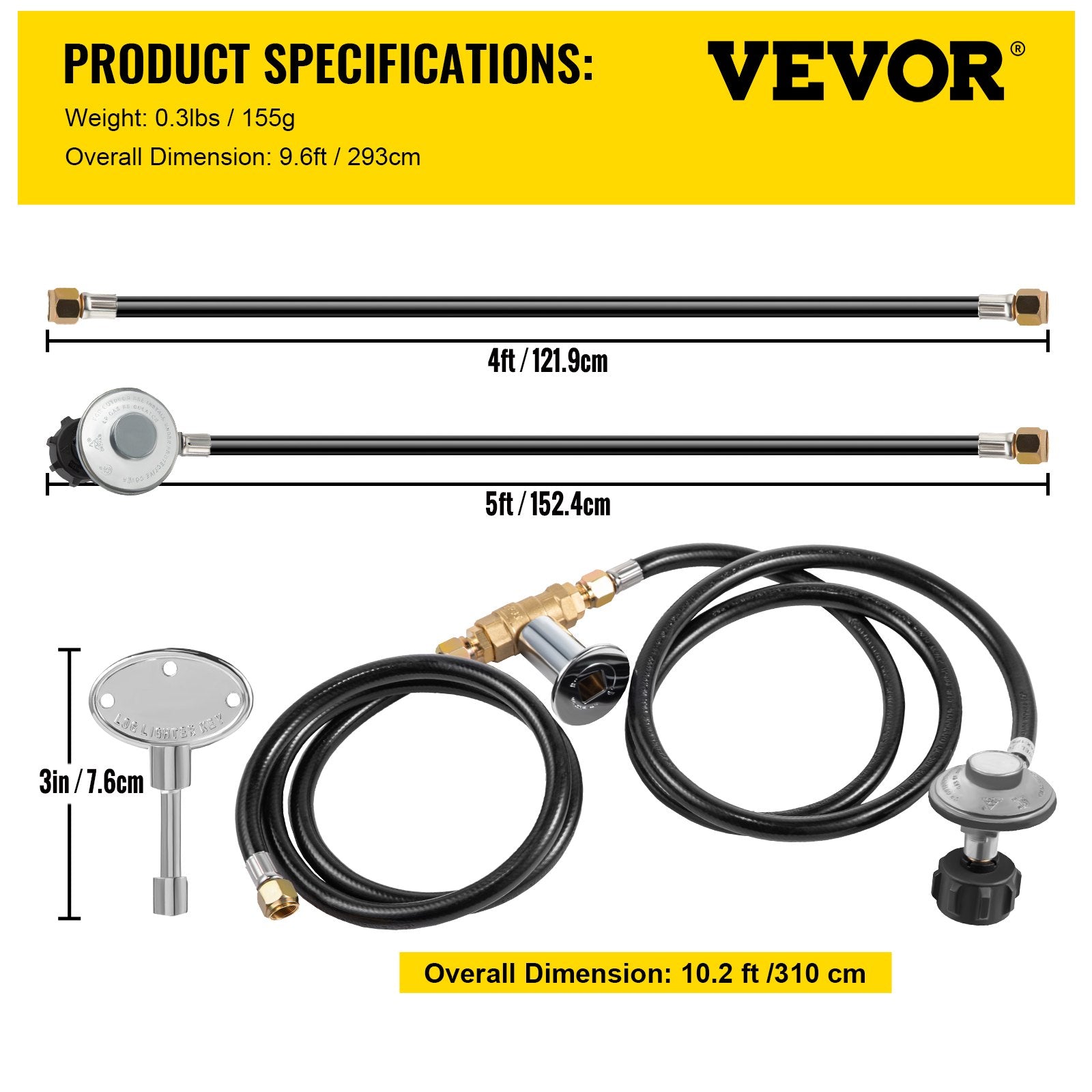 VEVOR Fire Pit Installation Kit, 90K BTU Max Propane Fire Pit Hose Kit, Certified Propane Connection Kit, Gas Mixer Regulator with 1/2" Chrome Key Valve for Propane Connection 