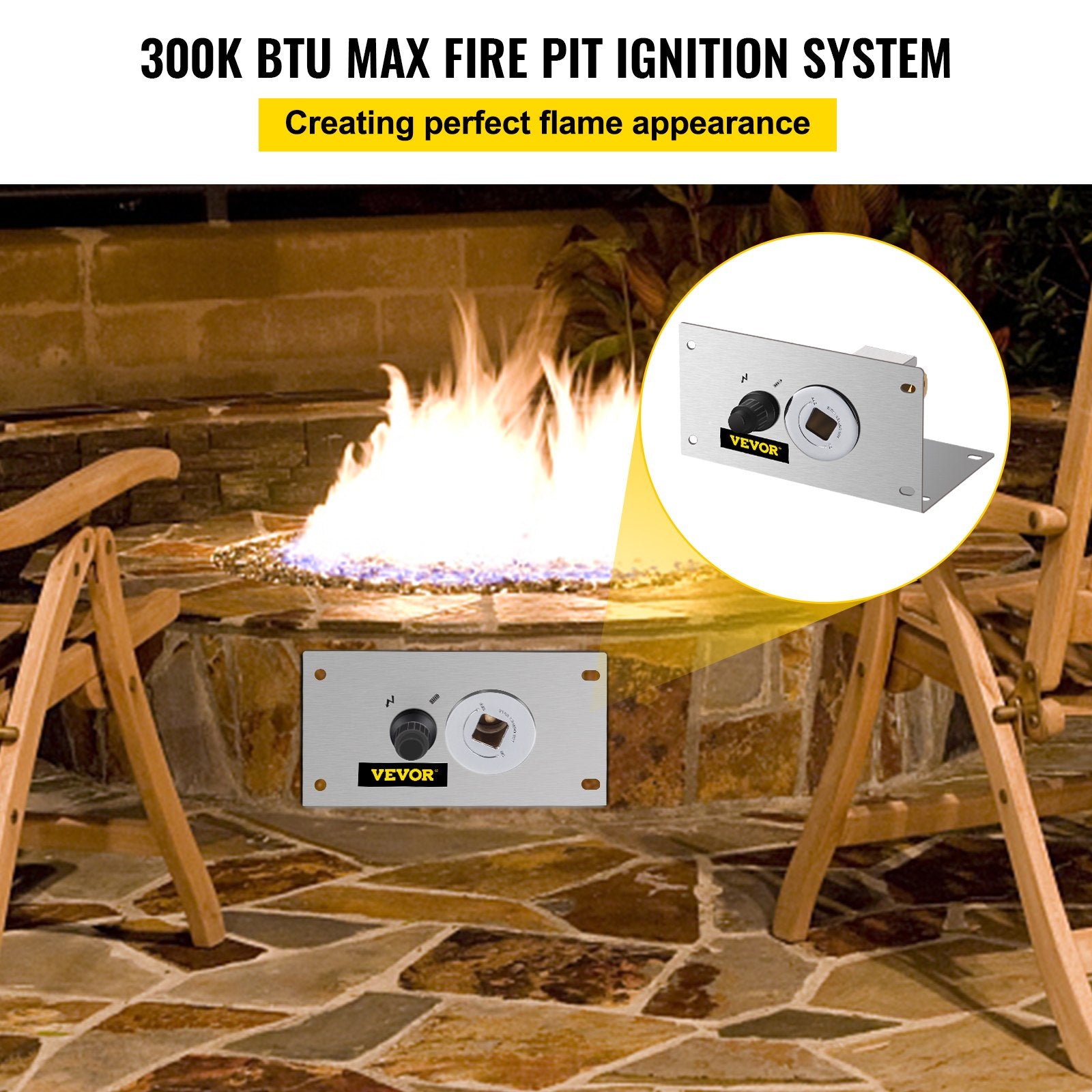 VEVOR Fire Pit Gas Burner Spark Ignition Kit, 300K BTU Fire Pit Ignition System, Stainless Steel Fire Pit Igniter, with 1/2'' Key Valve with Key and Leads & Ground Wire Silver 