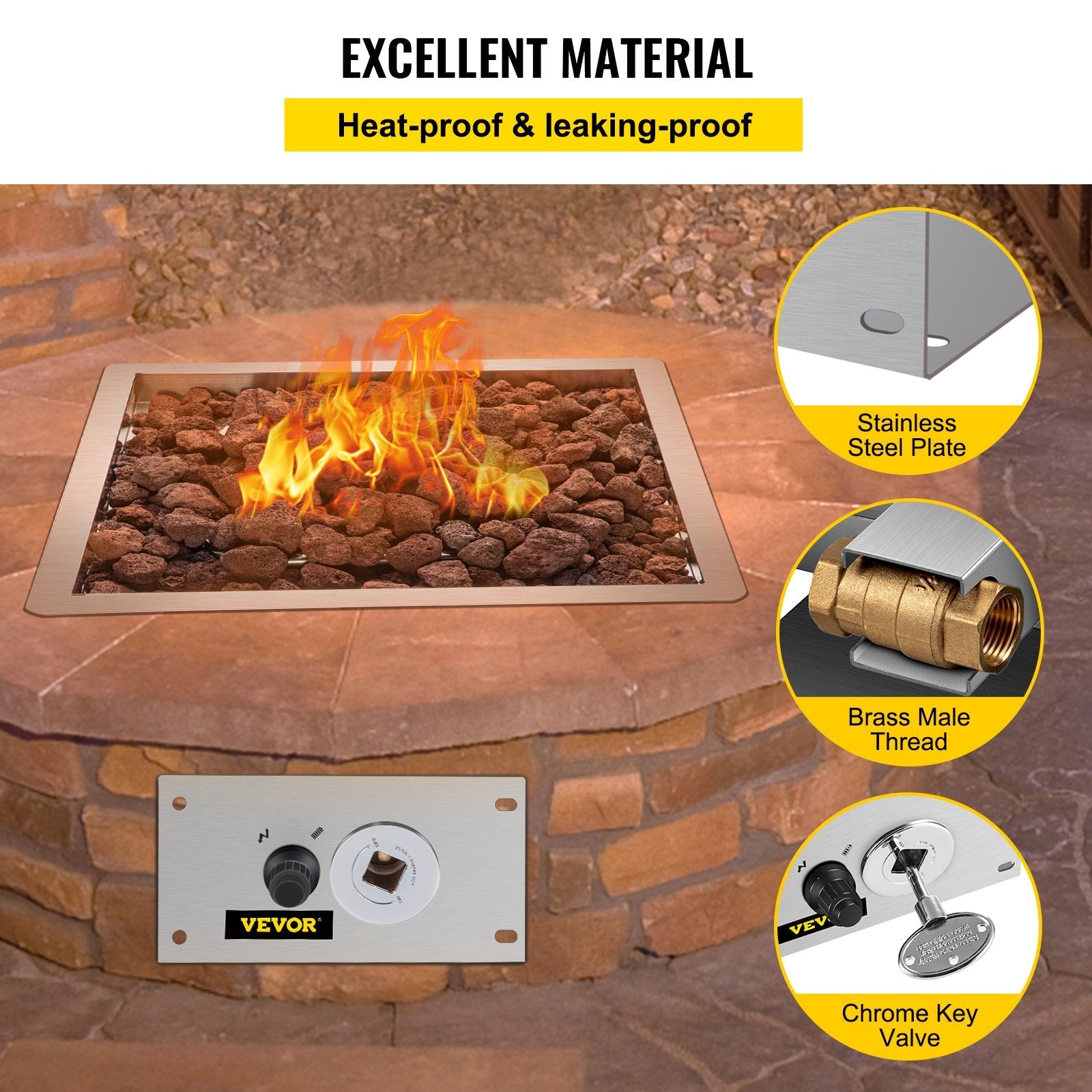 VEVOR Fire Pit Gas Burner Spark Ignition Kit, 300K BTU Fire Pit Ignition System, Stainless Steel Fire Pit Igniter, with 1/2'' Key Valve with Key and Leads & Ground Wire Silver 