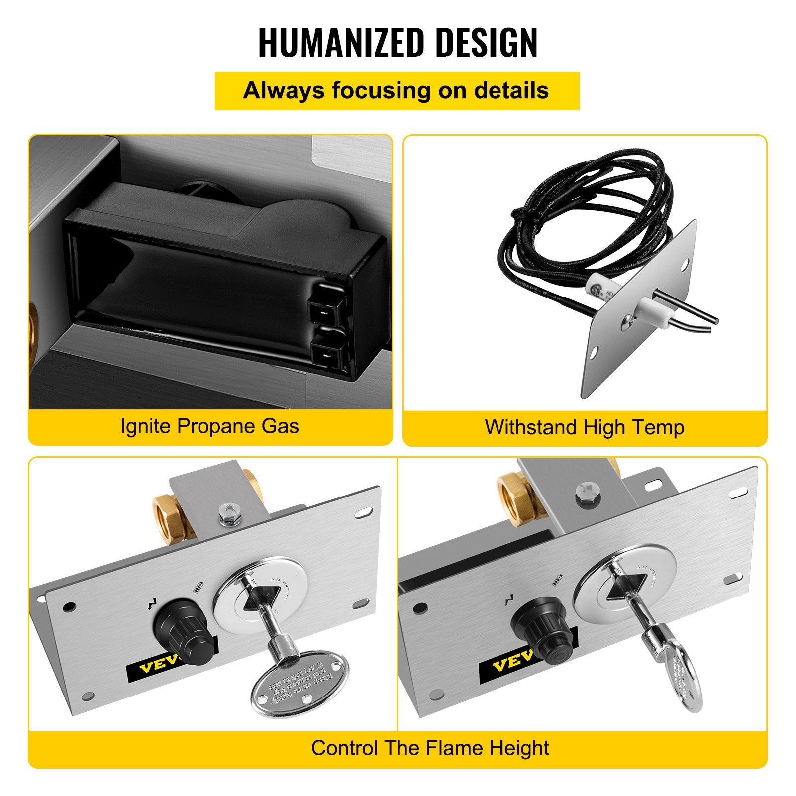 VEVOR Fire Pit Gas Burner Spark Ignition Kit, 300K BTU Fire Pit Ignition System, Stainless Steel Fire Pit Igniter, with 1/2'' Key Valve with Key and Leads & Ground Wire Silver 