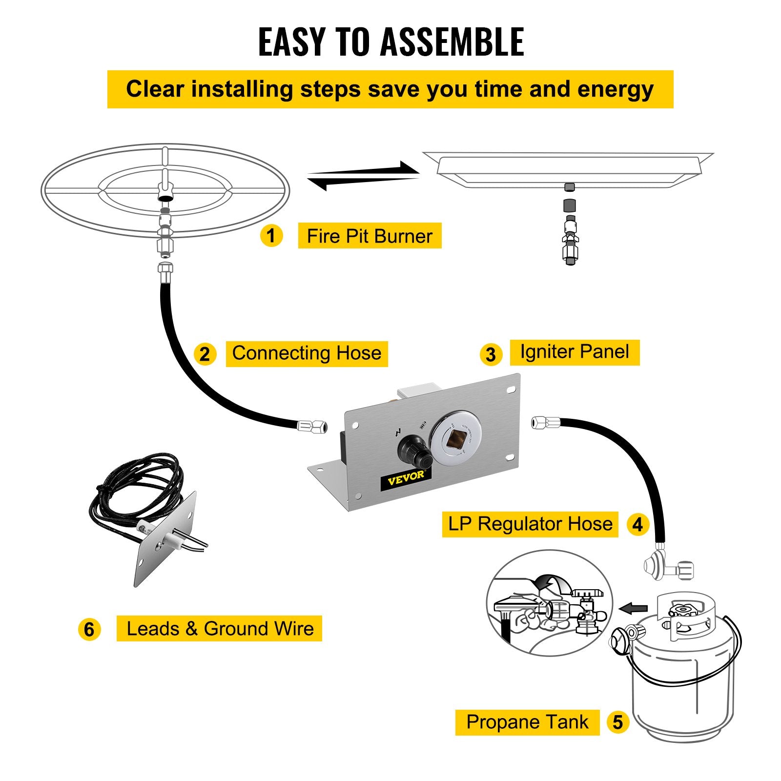 VEVOR Fire Pit Gas Burner Spark Ignition Kit, 300K BTU Fire Pit Ignition System, Stainless Steel Fire Pit Igniter, with 1/2'' Key Valve with Key and Leads & Ground Wire Silver 