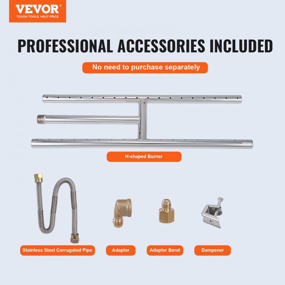 VEVOR 6 x 18 inch Drop-in Fire Pit Pan, Rectangular Stainless Steel Fire Pit Burner, Natural & Propane Gas Fire Pan H-Burner 90,000 BTU for Indoor or Outdoor Use 