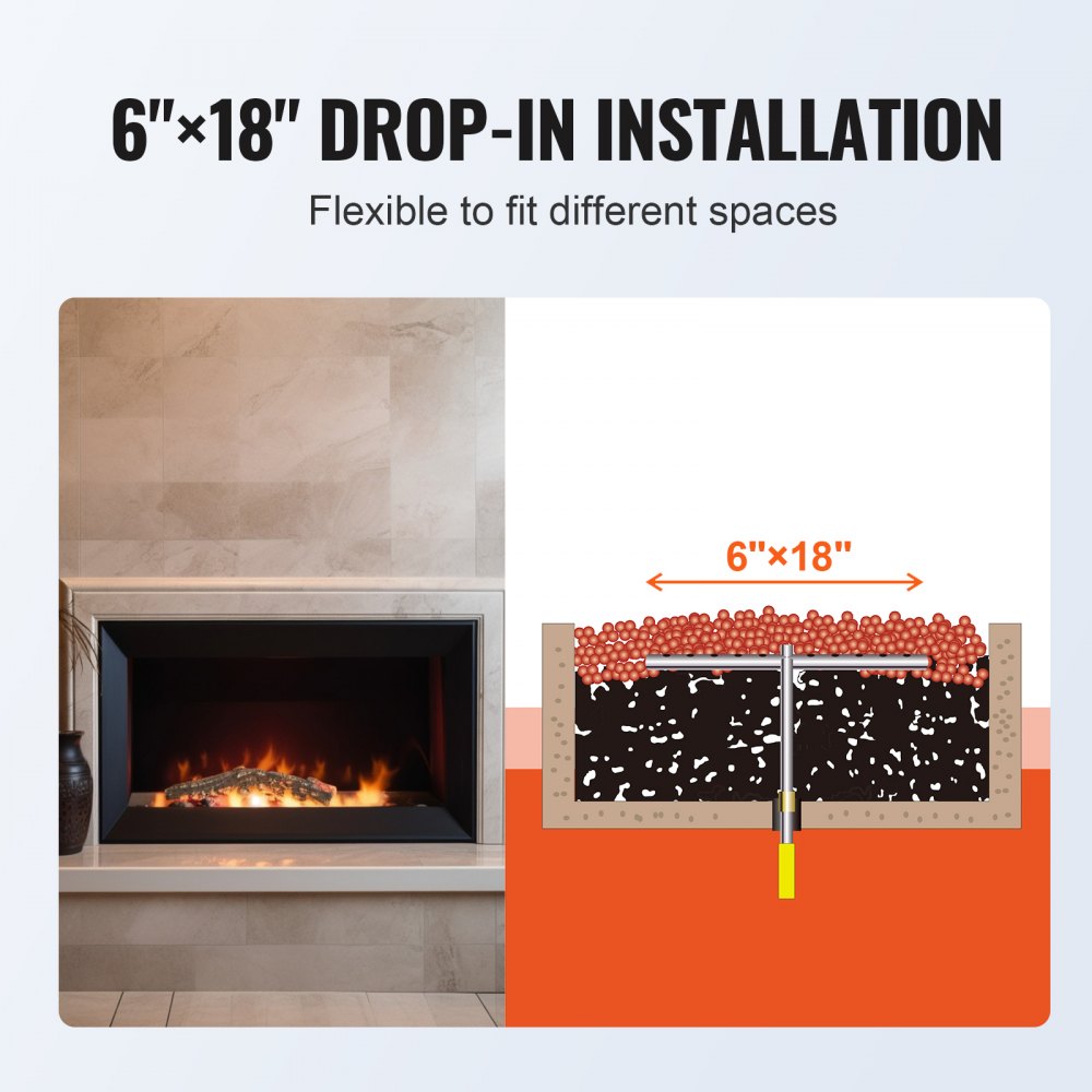 VEVOR 6 x 18 inch Drop-in Fire Pit Pan, Rectangular Stainless Steel Fire Pit Burner, Natural & Propane Gas Fire Pan H-Burner 90,000 BTU for Indoor or Outdoor Use 