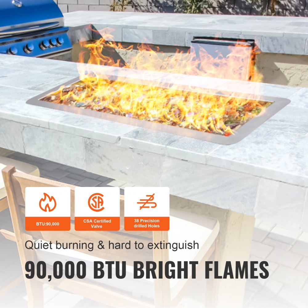 VEVOR 6 x 18 inch Drop-in Fire Pit Pan, Rectangular Stainless Steel Fire Pit Burner, Natural & Propane Gas Fire Pan H-Burner 90,000 BTU for Indoor or Outdoor Use 