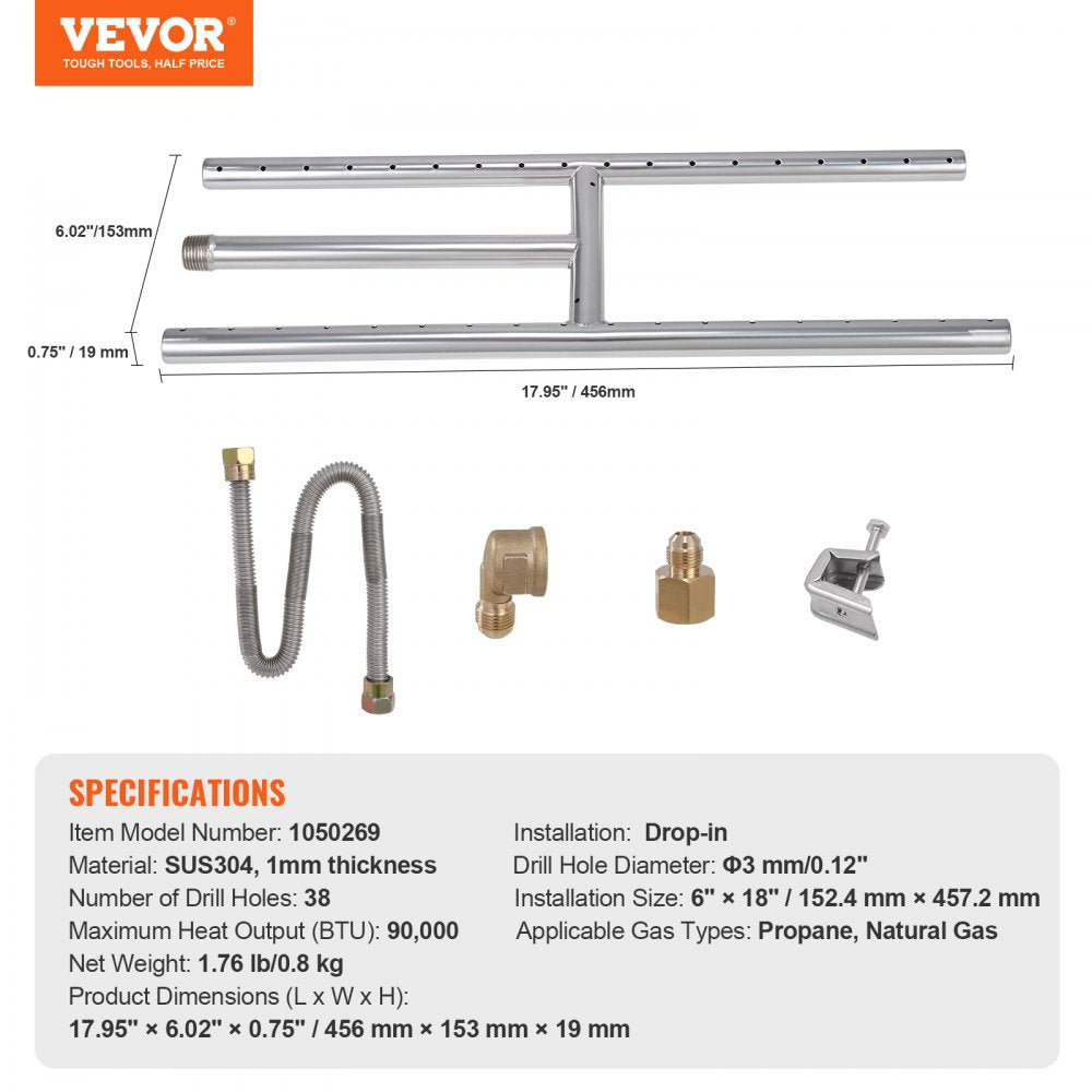 VEVOR 6 x 18 inch Drop-in Fire Pit Pan, Rectangular Stainless Steel Fire Pit Burner, Natural & Propane Gas Fire Pan H-Burner 90,000 BTU for Indoor or Outdoor Use 