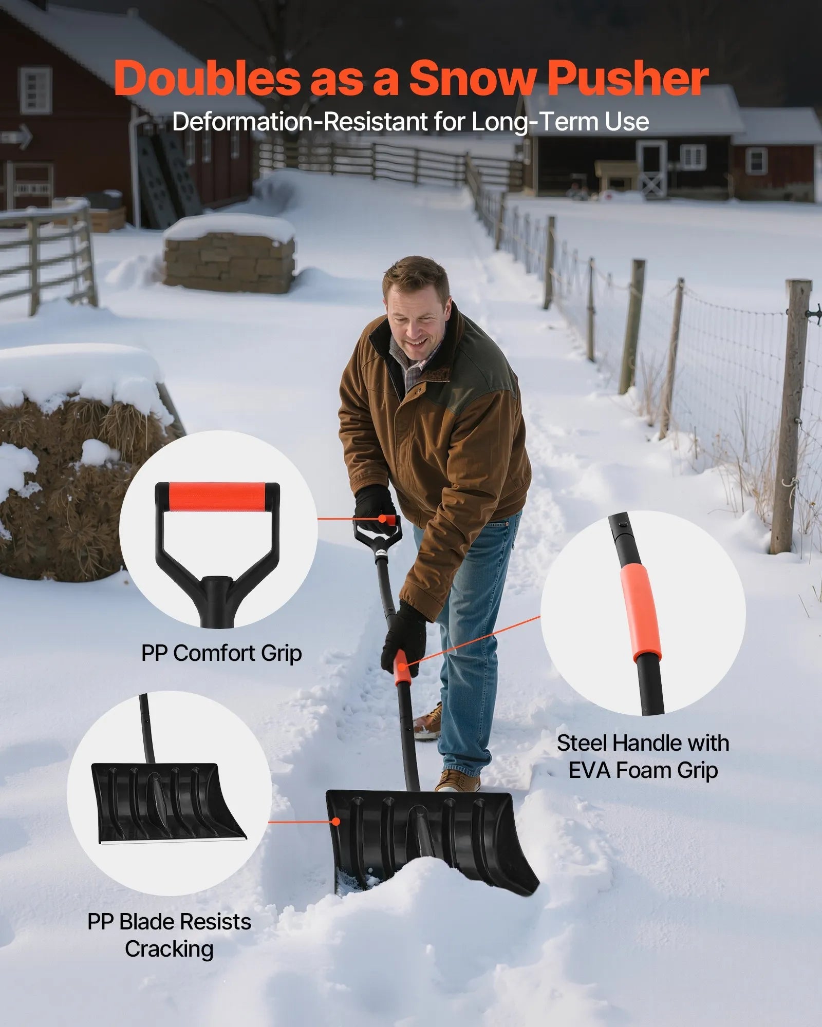VEVOR Snow Shovel for Driveway, 17 in Wide Plastic Snow Shovel with D-shaped Handles & Aluminum Blade, Large Capacity Snowplow Shovels, Lightweight Snows Removal Tool for Garden Car Camping 