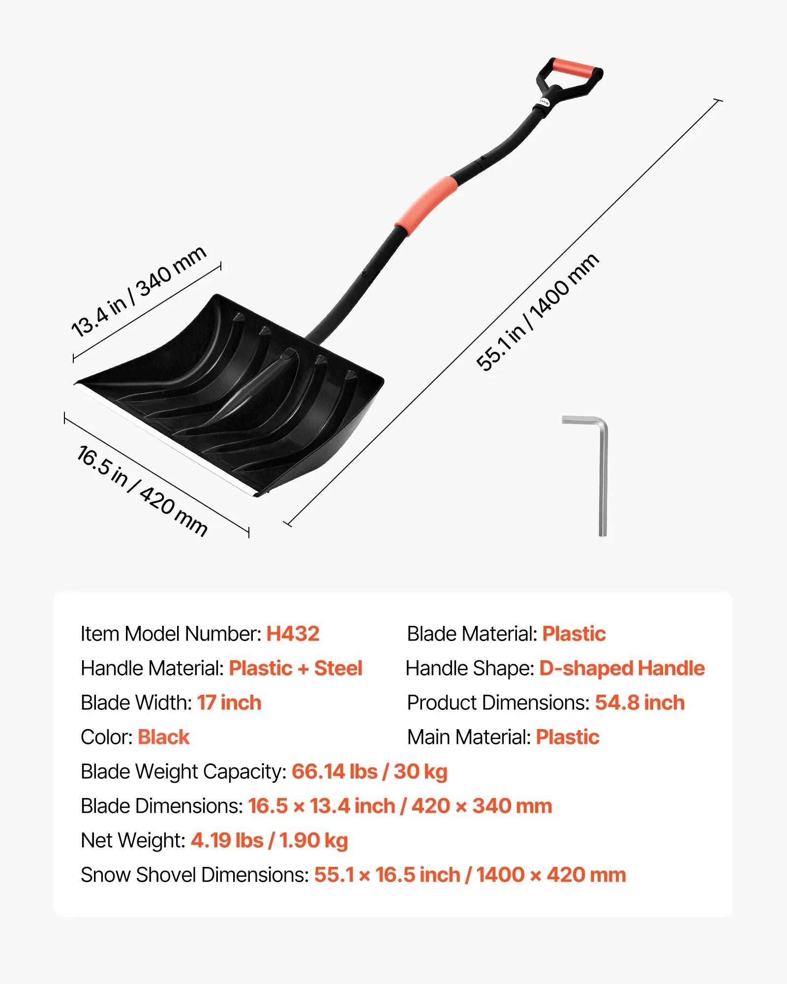 VEVOR Snow Shovel for Driveway, 17 in Wide Plastic Snow Shovel with D-shaped Handles & Aluminum Blade, Large Capacity Snowplow Shovels, Lightweight Snows Removal Tool for Garden Car Camping 