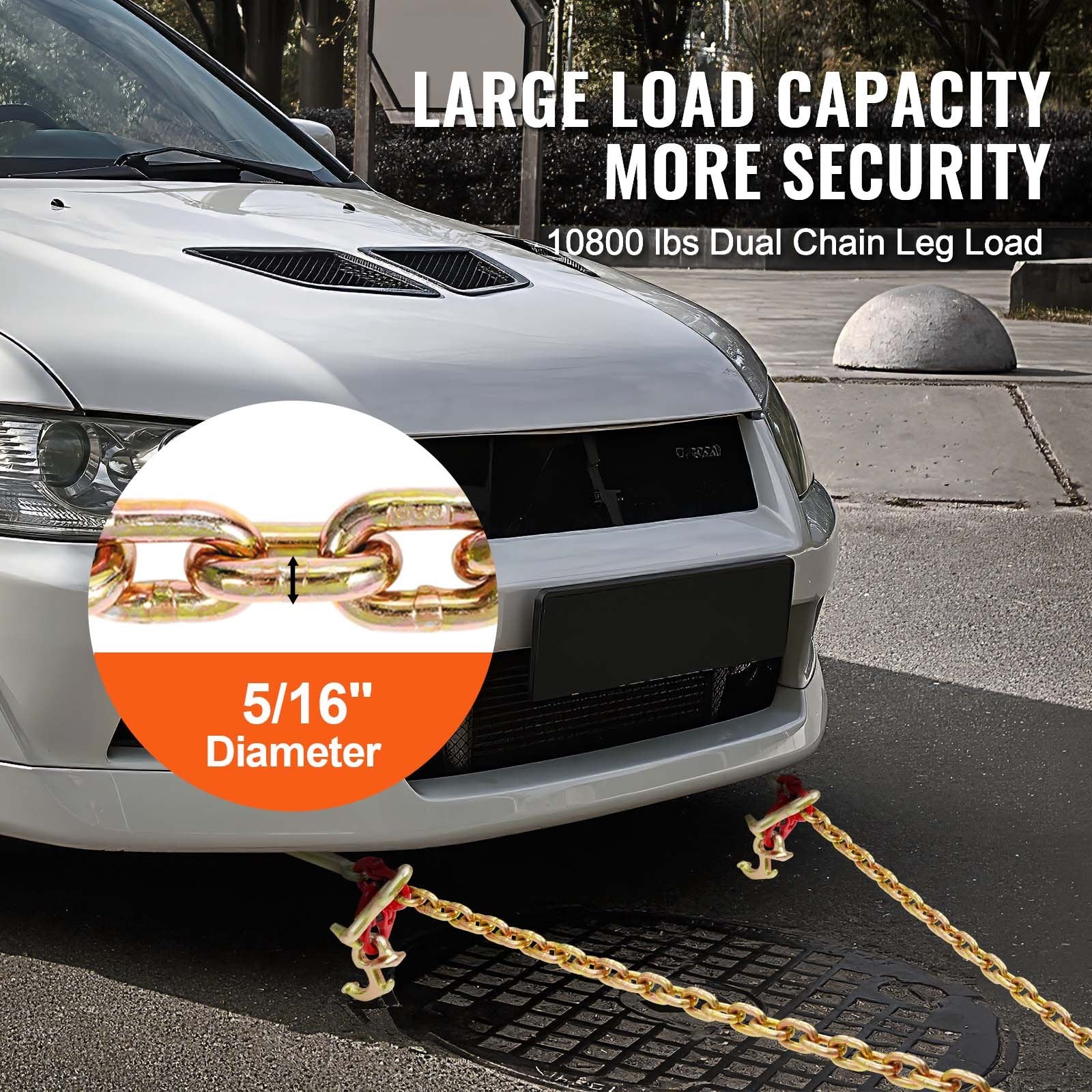 VEVOR 5/16" x 3' G80 Tow Chain V-Chain Bridle RTJ & Grab Hooks Wrecker 10800 lbs 