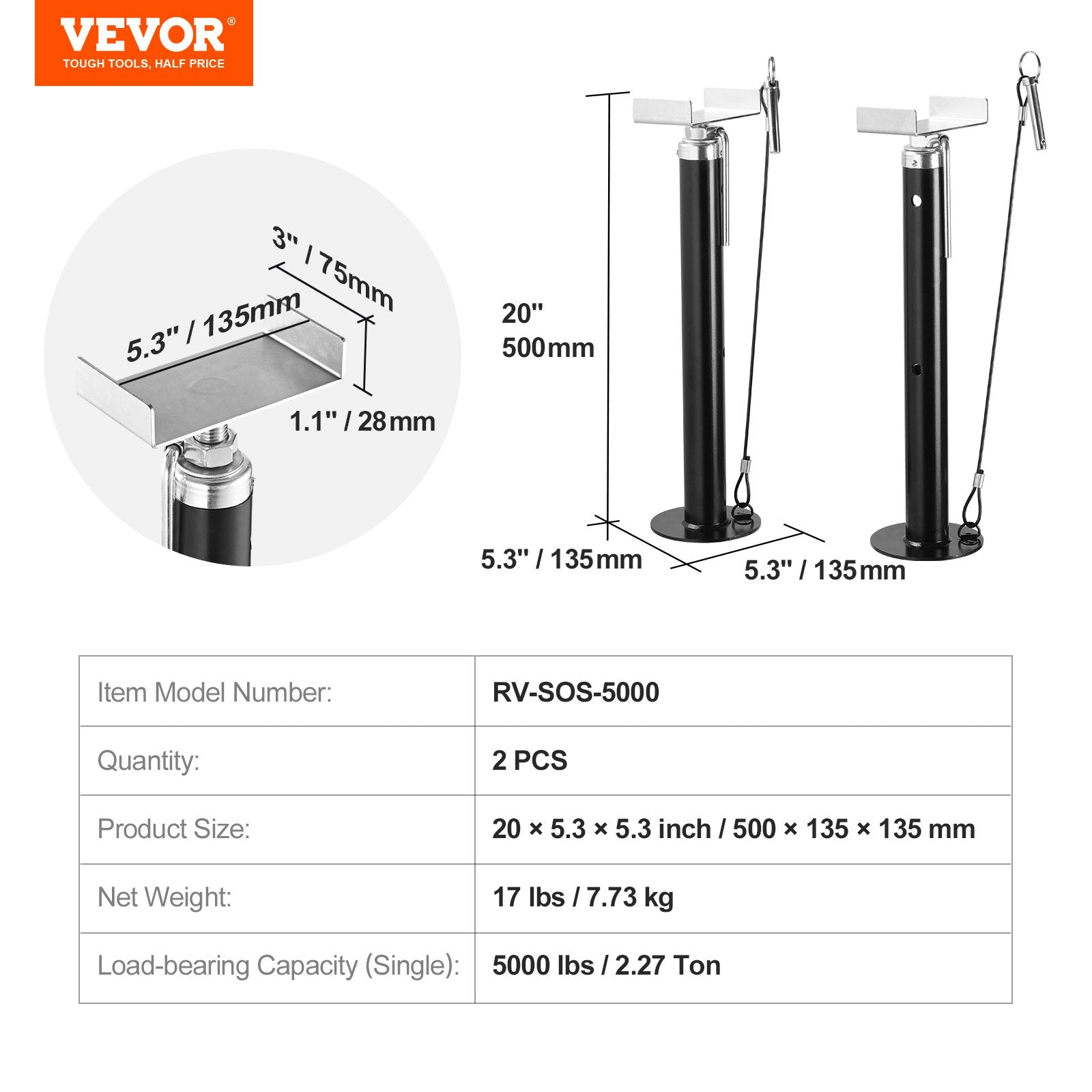 VEVOR RV Slide Out Support Jacks, 5000 lbs Capacity Each Slide Out Stabilizer, Adjusts from 20"-48" Camper Slide Out Support Jacks, Heavy-duty Slideout Stabilizers for RV, Camper and Travel Trailer 