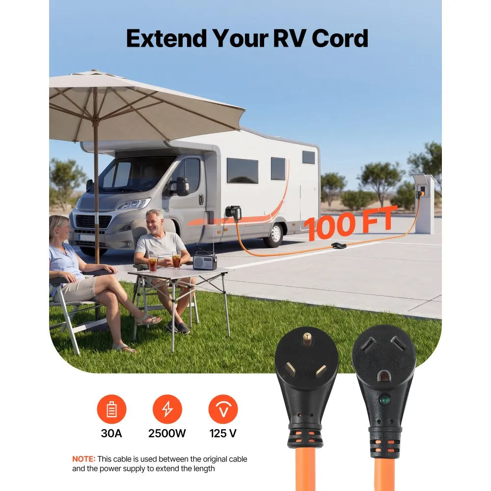 VEVOR 30 Amp 100 ft RV Extension Cord with 15A Adapter, NEMA TT-30P to TT-30R, Heavy-Duty 10/3 Gauge Power Cord