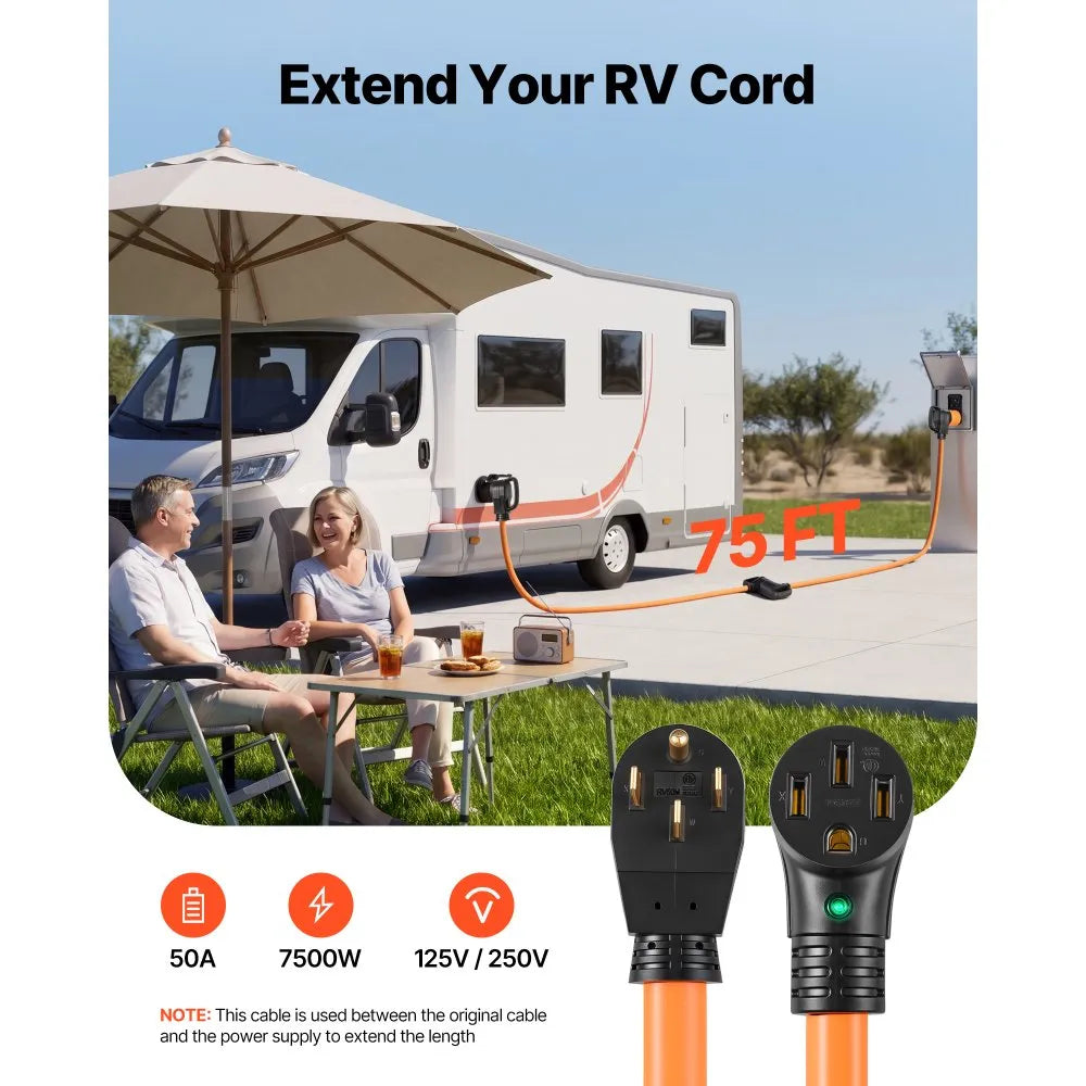 VEVOR 50 Amp 75 ft RV Extension Cord with 15A Adapter, NEMA 14-50P to 14-50R, 7500W Heavy-Duty Power Cord