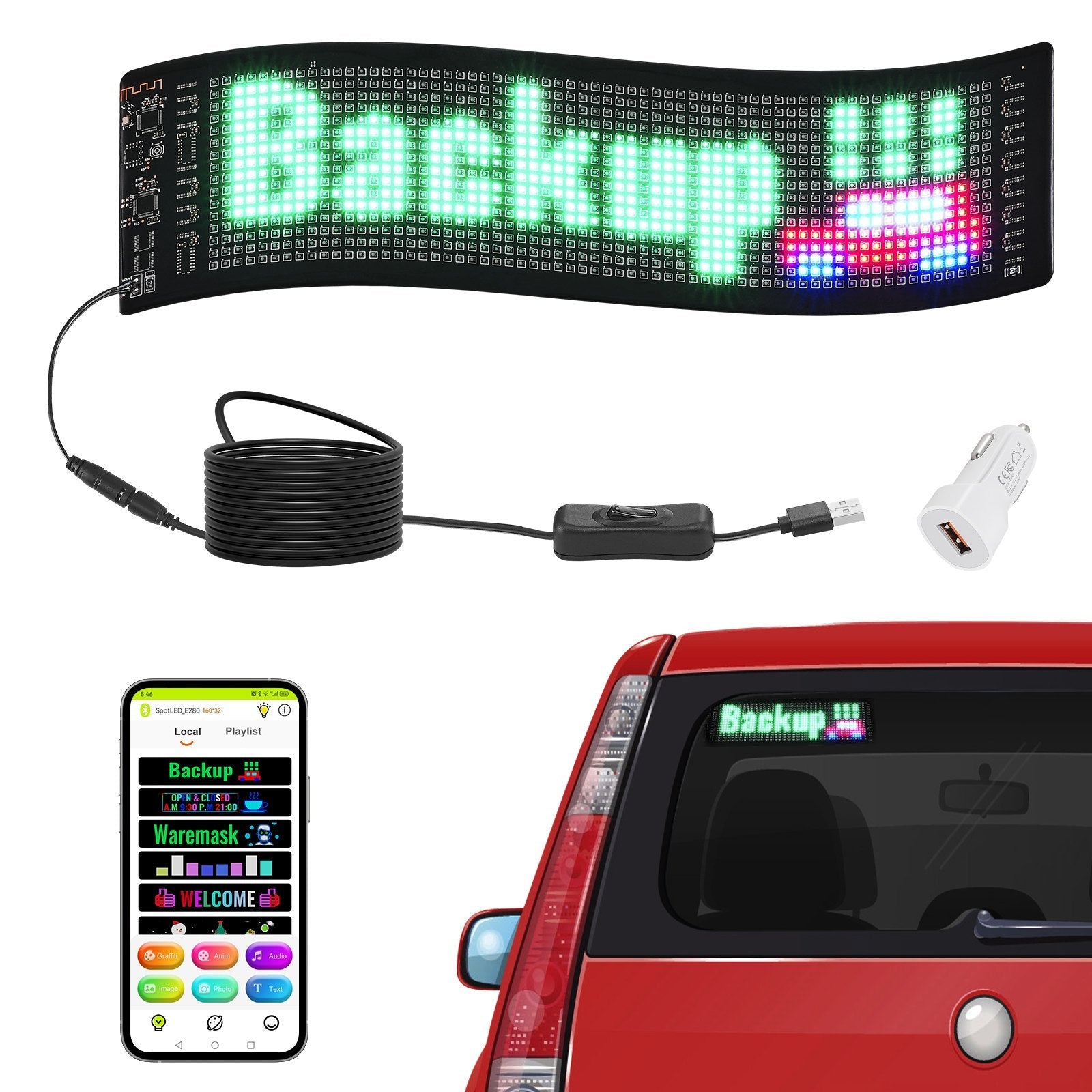 VEVOR Programmable LED Sign, P5 Full Color LED Scrolling Panel, DIY Custom Text Animation Pattern Display Board, Bluetooth APP Control Message Shop Sign for Store Business Car Bar Advertising, 15"x4" 