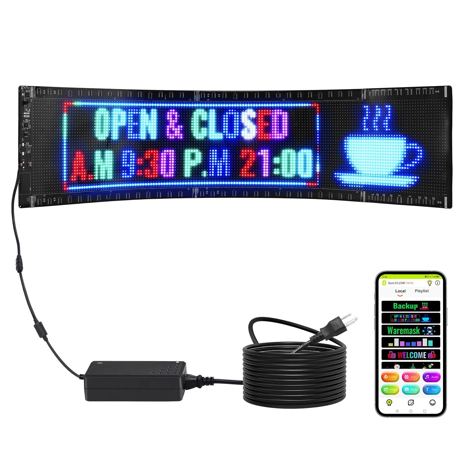 VEVOR Programmable LED Sign, P5 Full Color LED Scrolling Panel, DIY Custom Text Animation Pattern Display Board, Bluetooth APP Control Message Shop Sign for Store Business Car Advertising, 32.9"x8" 