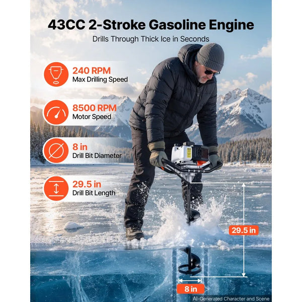 43cc 2-in-1 Gas Powered Ice & Earth Auger, 8" Drill Bit, 2-Stroke Engine, Heavy-Duty Ice Fishing & Post Hole Digger