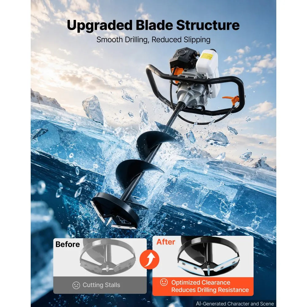 43cc 2-in-1 Gas Powered Ice & Earth Auger, 8" Drill Bit, 2-Stroke Engine, Heavy-Duty Ice Fishing & Post Hole Digger
