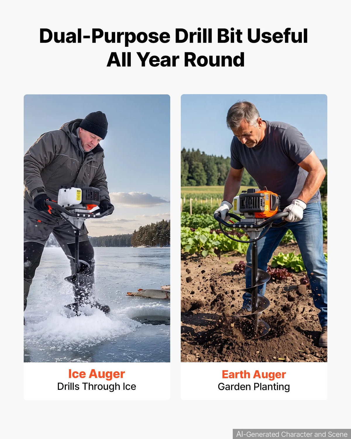 43cc 2-in-1 Gas Powered Ice & Earth Auger, 8" Drill Bit, 2-Stroke Engine, Heavy-Duty Ice Fishing & Post Hole Digger