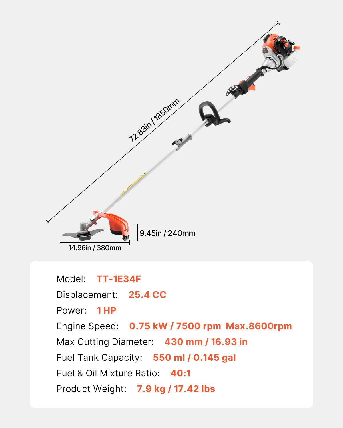 VEVOR Cordless String Trimmer 16.9" 25.2CC 2-Stroke Gas Powered Grass Trimmer 