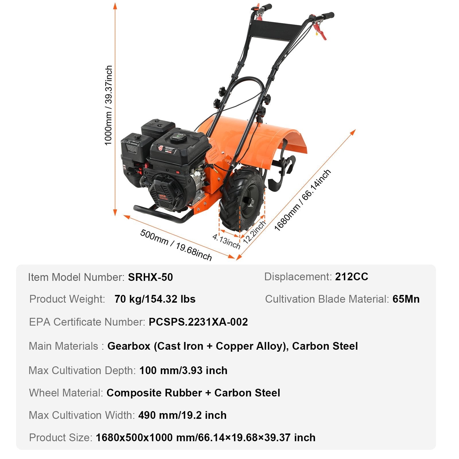 VEVOR Tiller Cultivator Gas Powered, 212CC 4-Stroke Garden Cultivator, Tiller with 4 Steel Adjustable Rear Tines for Lawn, Garden and Field Soil Cultivation 