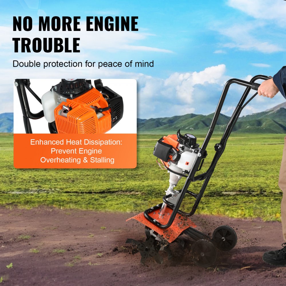 VEVOR Tiller Cultivator Gas Powered, 31CC 4-Stroke Garden Cultivator, Tiller with 4 Steel Adjustable Front Tines for Lawn, Garden and Field Soil Cultivation 