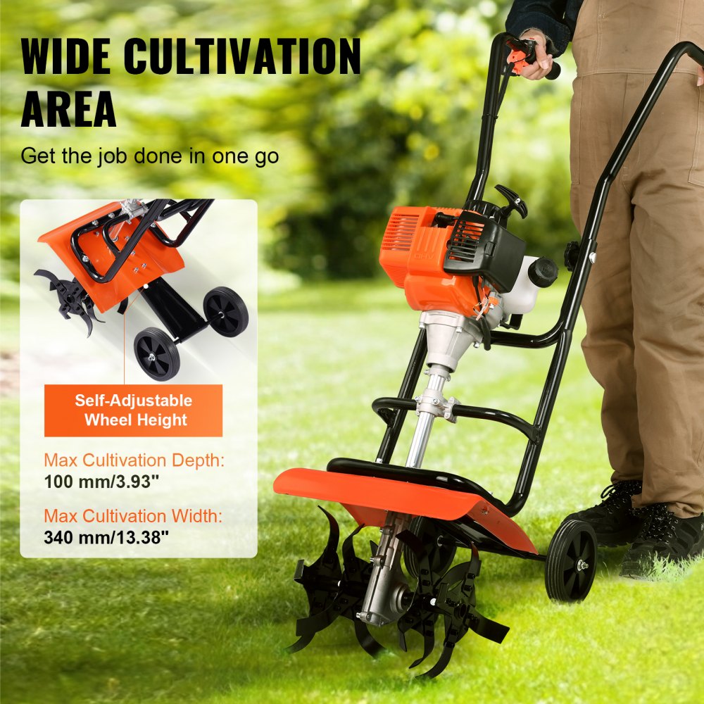 VEVOR Tiller Cultivator Gas Powered, 31CC 4-Stroke Garden Cultivator, Tiller with 4 Steel Adjustable Front Tines for Lawn, Garden and Field Soil Cultivation 