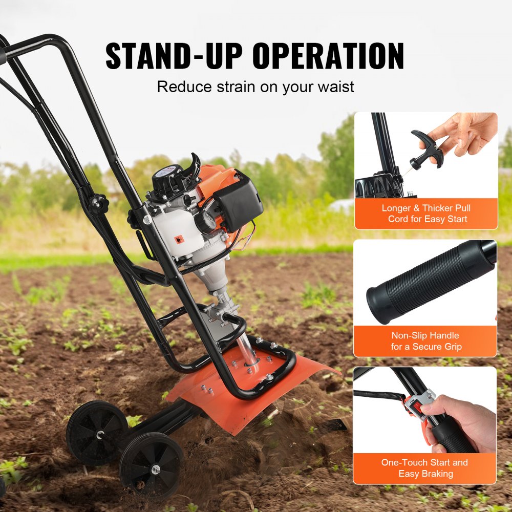 VEVOR Tiller Cultivator Gas Powered, 31CC 4-Stroke Garden Cultivator, Tiller with 4 Steel Adjustable Front Tines for Lawn, Garden and Field Soil Cultivation 