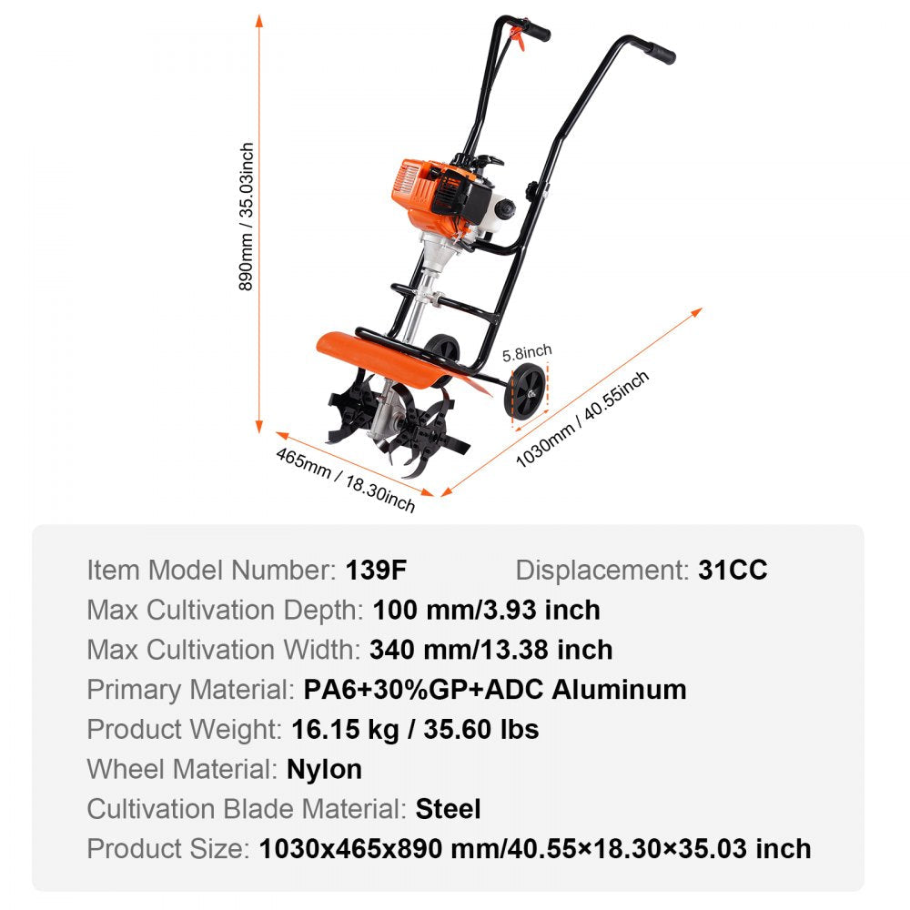 VEVOR Tiller Cultivator Gas Powered, 31CC 4-Stroke Garden Cultivator, Tiller with 4 Steel Adjustable Front Tines for Lawn, Garden and Field Soil Cultivation 
