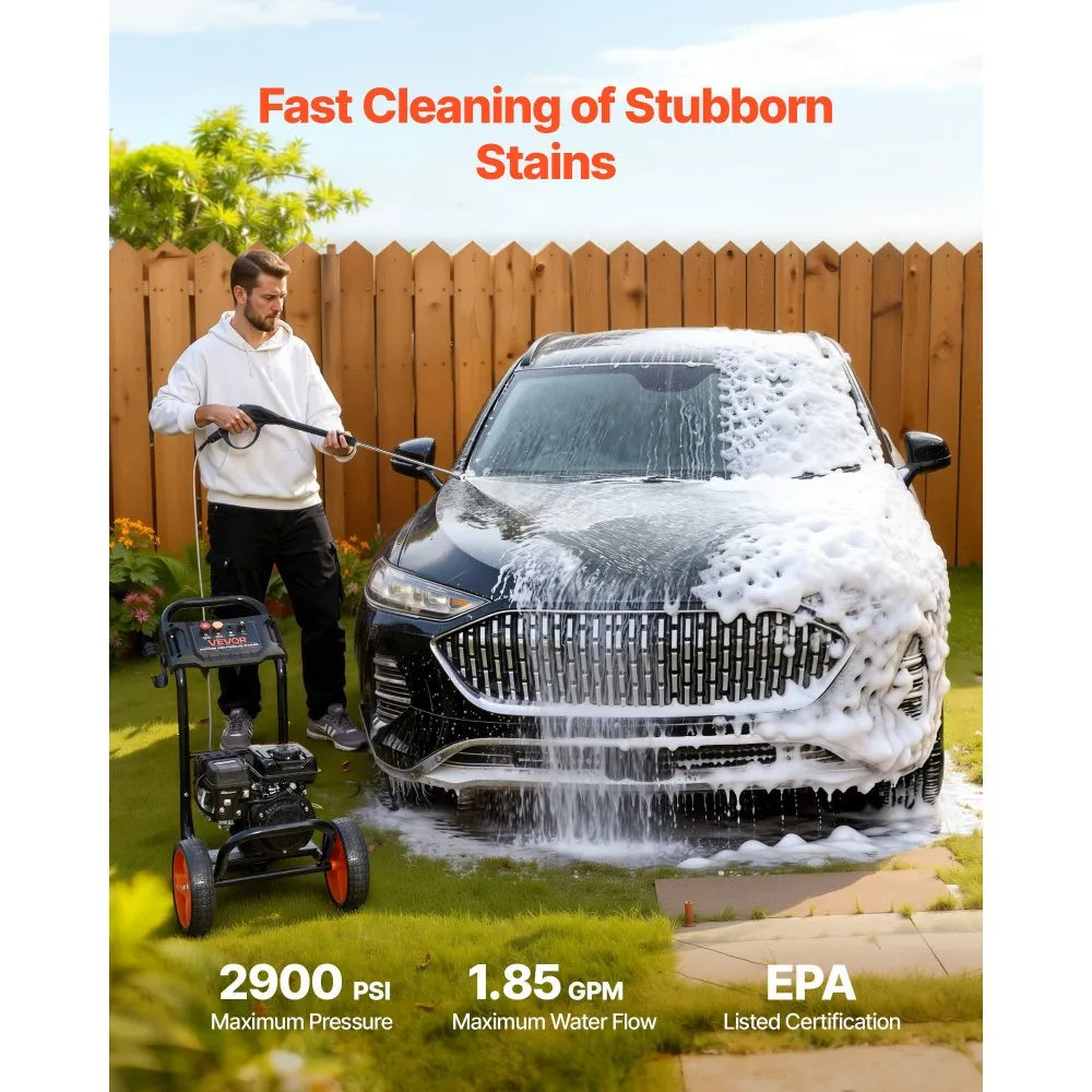 VEVOR Gas Pressure Washer 2900 PSI, 1.85 GPM, Aluminum Pump, 4 Nozzles, 26.3 ft Hose