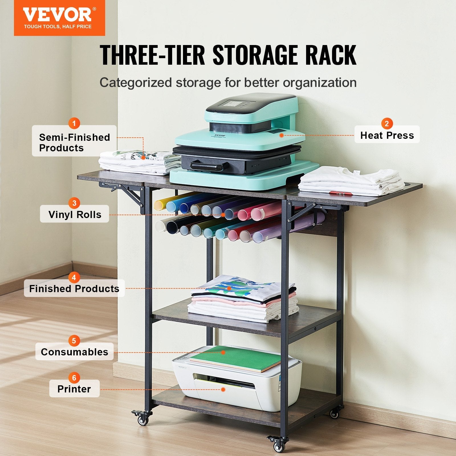 VEVOR Heat Press Table 3Tier Movable Heat Press Stand Foldable with Wheels Brown 