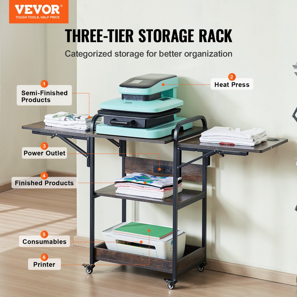 VEVOR Heat Press Table with Charging Station 3 Tier Movable Heat Press Stand 