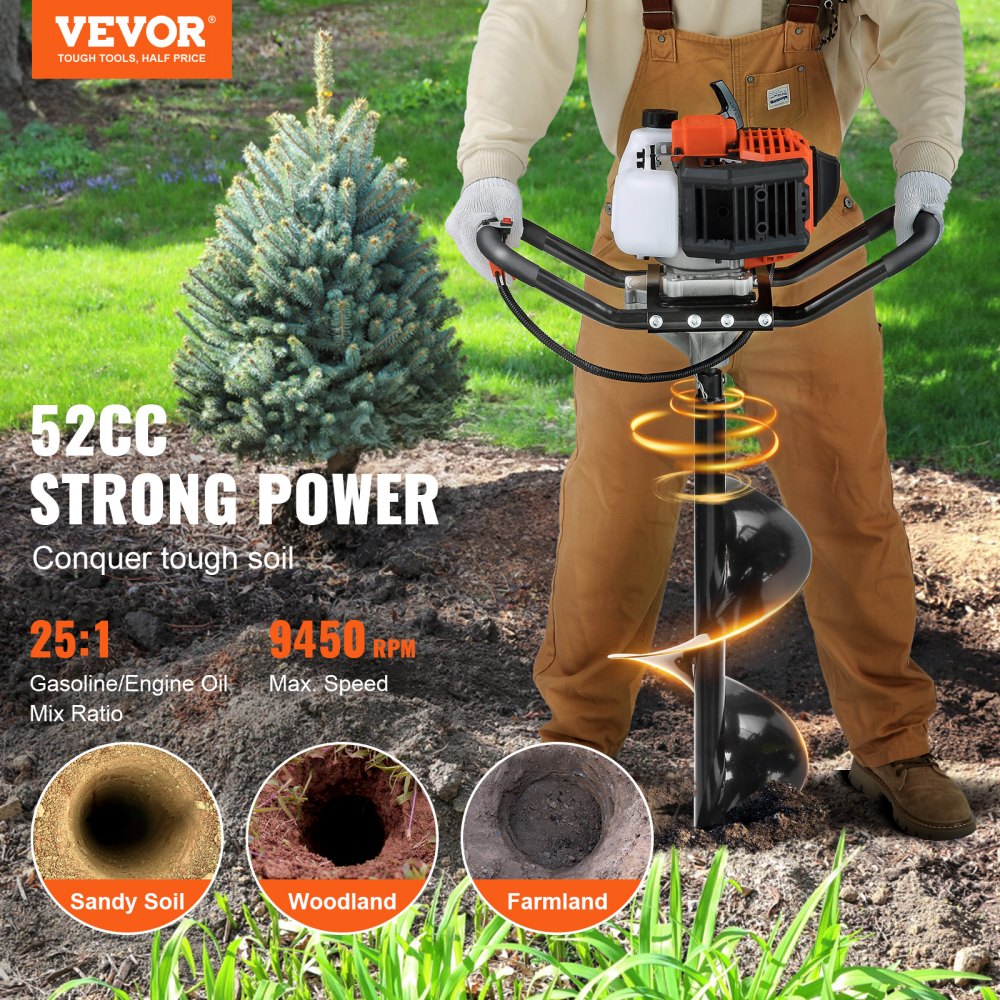 VEVOR Post Hole Digger, 52cc 1450W Auger Post Hole digger, Gas Powered Earth Digger with Two Earth Auger Drill Bit 6" & 10" and 3 Extension Rods, for Farmland, Garden and Plant, EPA certification 