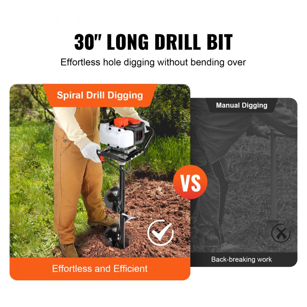 VEVOR Post Hole Digger, 52cc 1450W Auger Post Hole digger, Gas Powered Earth Digger with Two Earth Auger Drill Bit 6" & 10" and 3 Extension Rods, for Farmland, Garden and Plant, EPA certification 