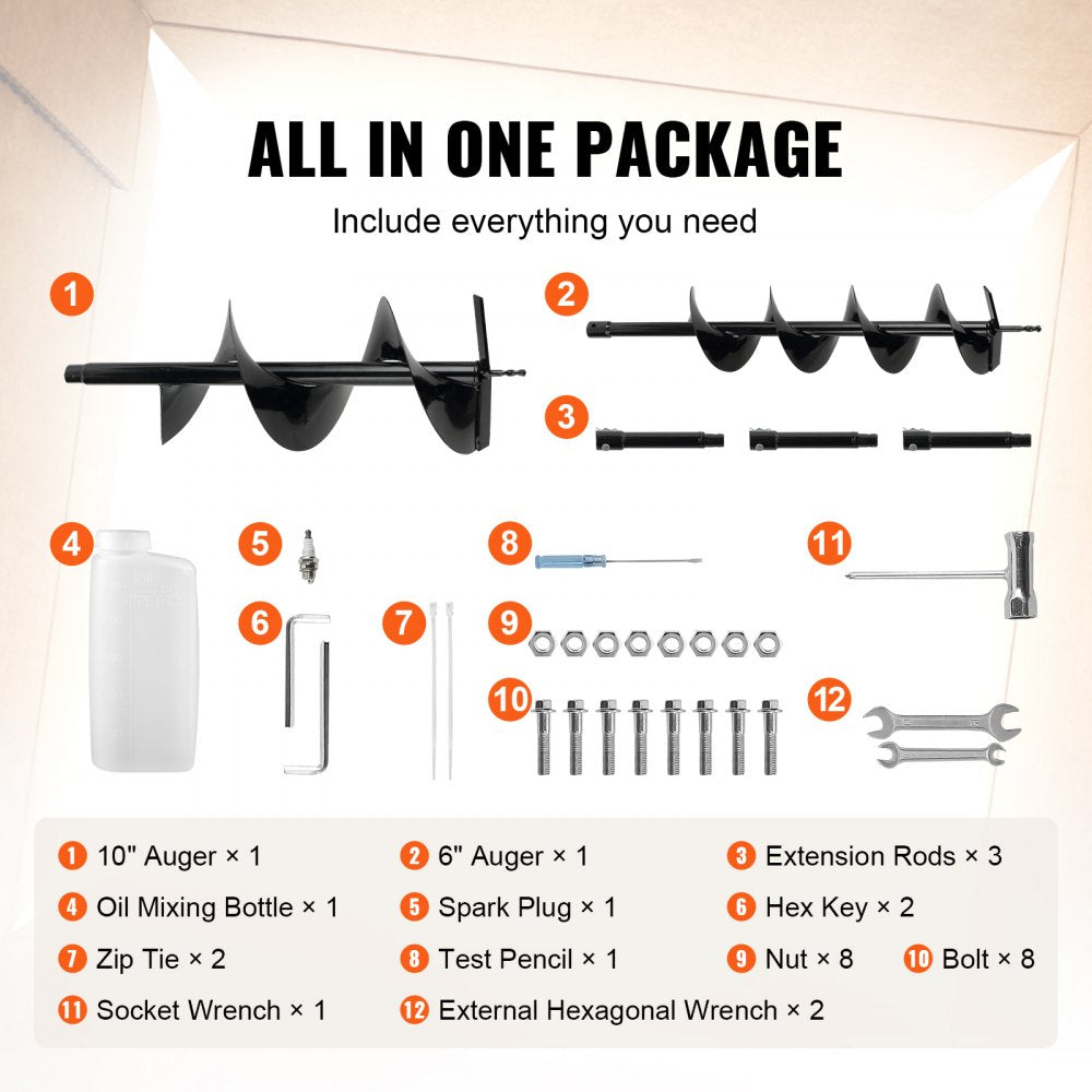 VEVOR Post Hole Digger, 52cc 1450W Auger Post Hole digger, Gas Powered Earth Digger with Two Earth Auger Drill Bit 6" & 10" and 3 Extension Rods, for Farmland, Garden and Plant, EPA certification 