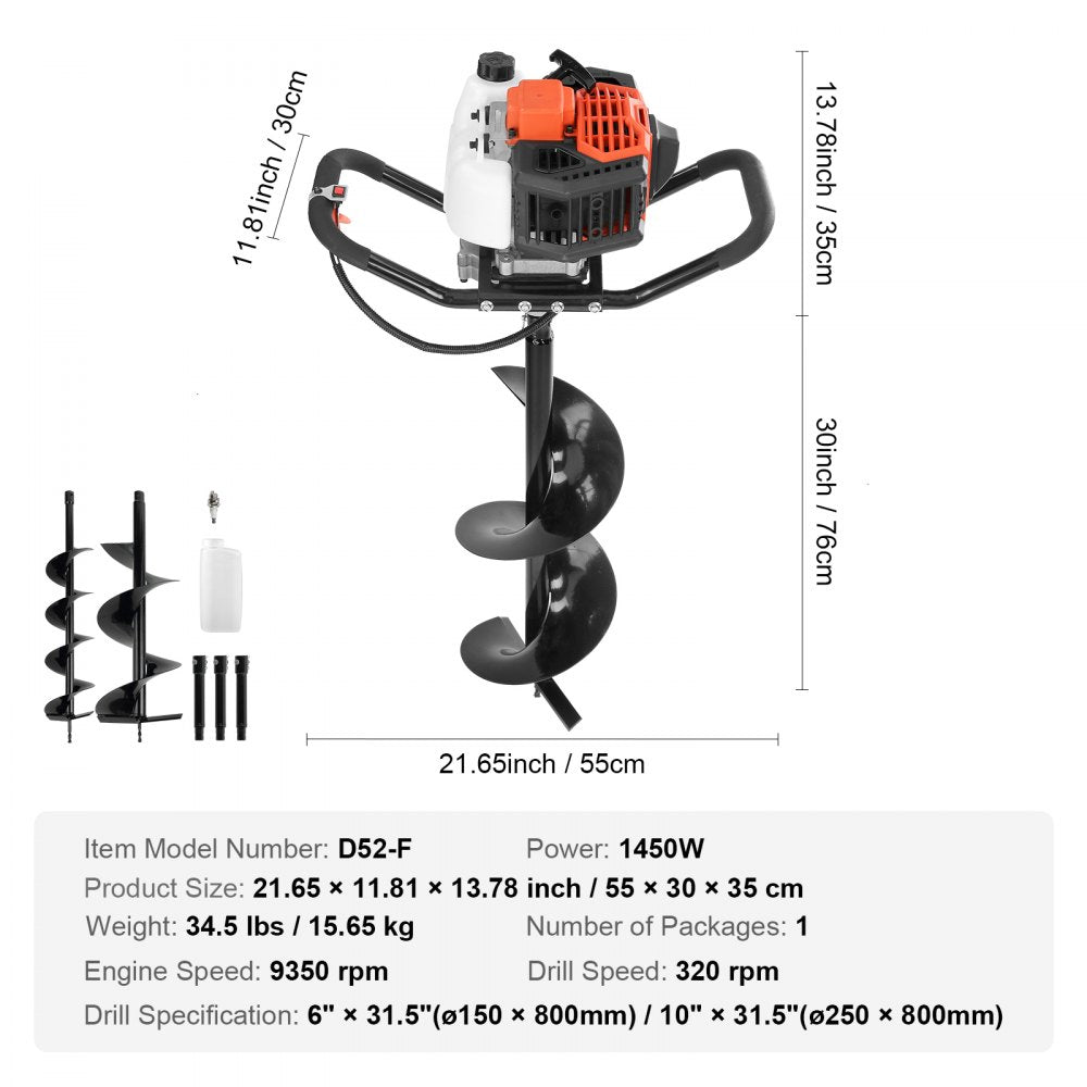 VEVOR Post Hole Digger, 52cc 1450W Auger Post Hole digger, Gas Powered Earth Digger with Two Earth Auger Drill Bit 6" & 10" and 3 Extension Rods, for Farmland, Garden and Plant, EPA certification 