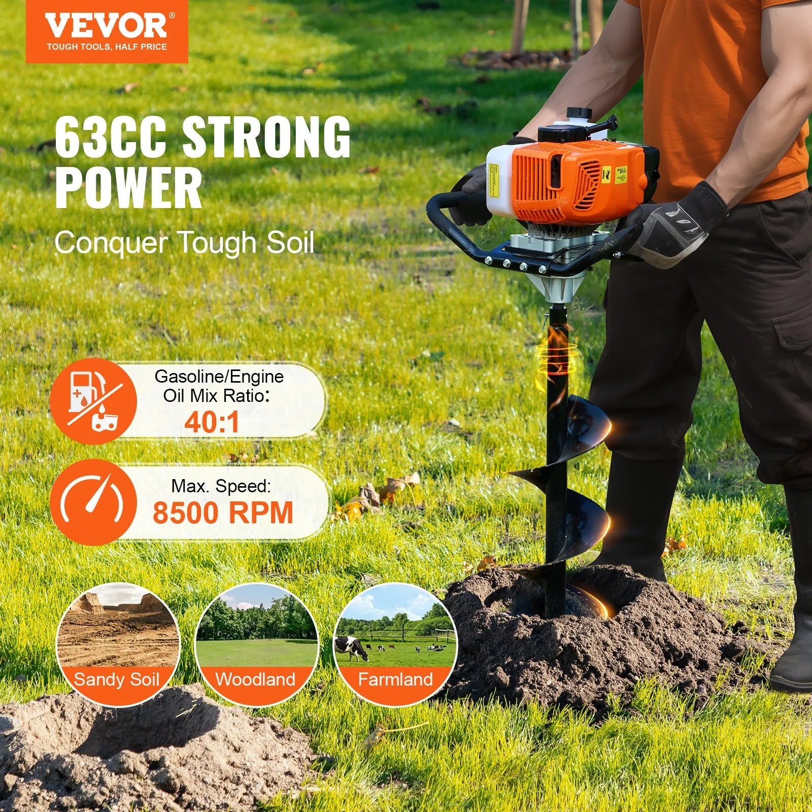 VEVOR Post Hole Digger Gas Powered, 63CC 2400W Earth Auger, Gas Auger with 8” Auger Drill Action Design Bits & 1 Extension Rod, Post Fence Hole Digger for Farmland Garden Plant, Orange+Black 
